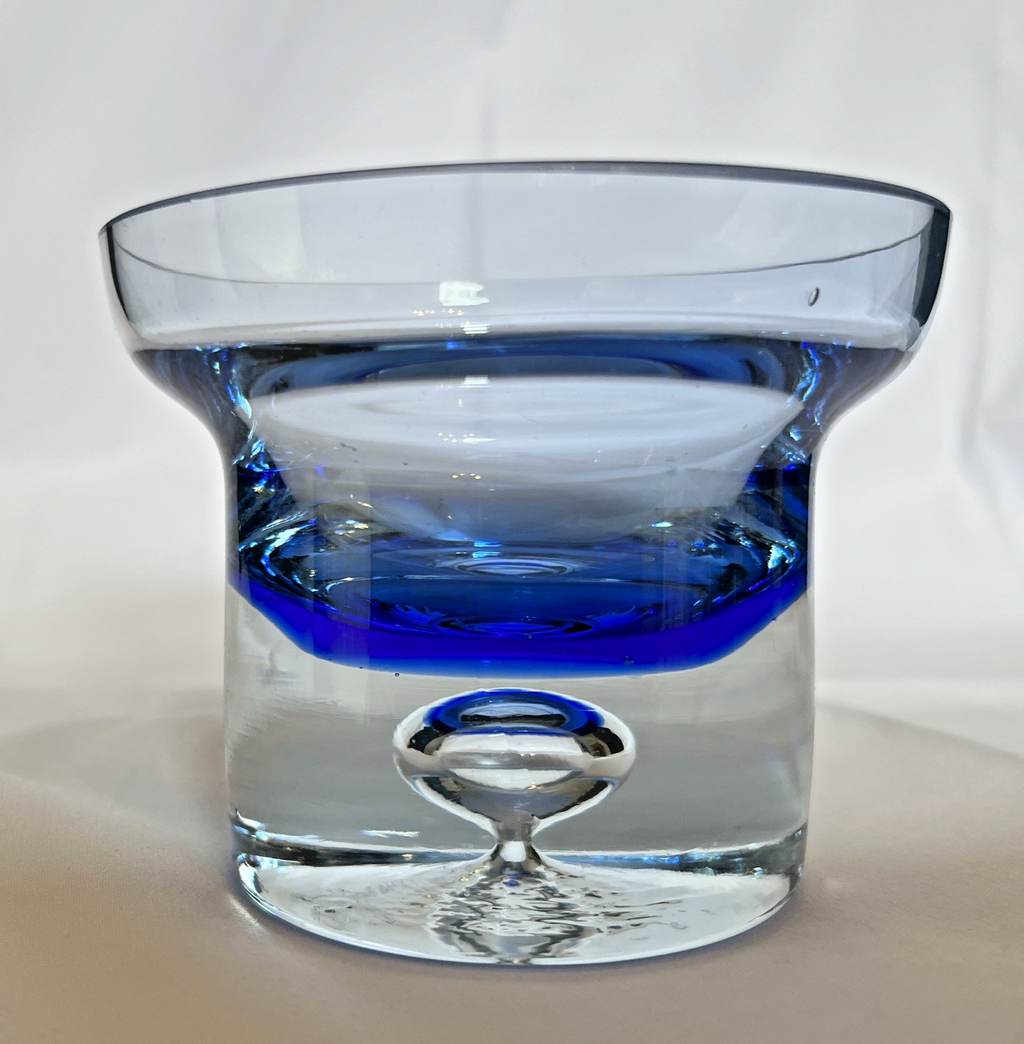 Vintage Krosno Crystal Candle Holder Cobalt Blue Clear Glass Trapped Bubble 10cm