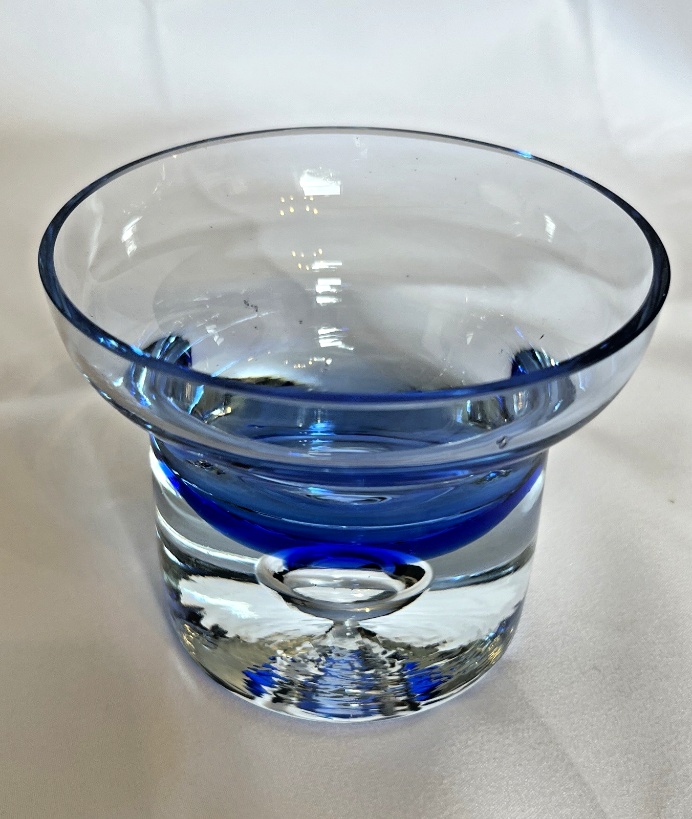 Vintage Krosno Crystal Candle Holder Cobalt Blue Clear Glass Trapped Bubble 10cm