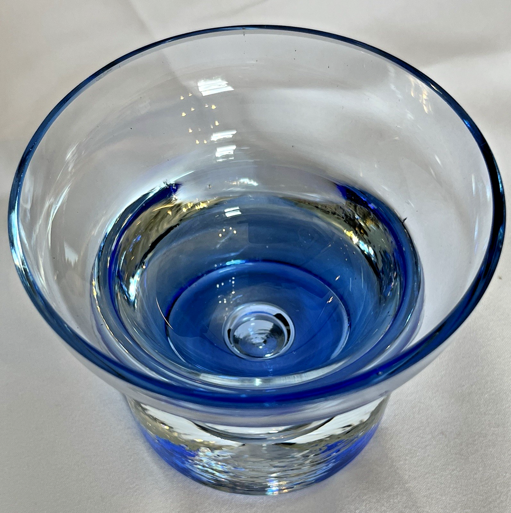 Vintage Krosno Crystal Candle Holder Cobalt Blue Clear Glass Trapped Bubble 10cm