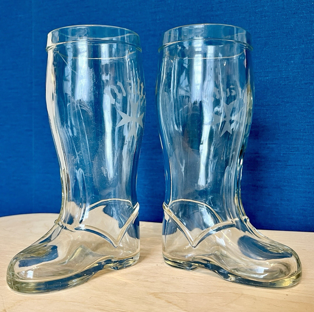 Pair Vintage Glass Beer Boots Malta Etched Drinking Glasses 19.5cm