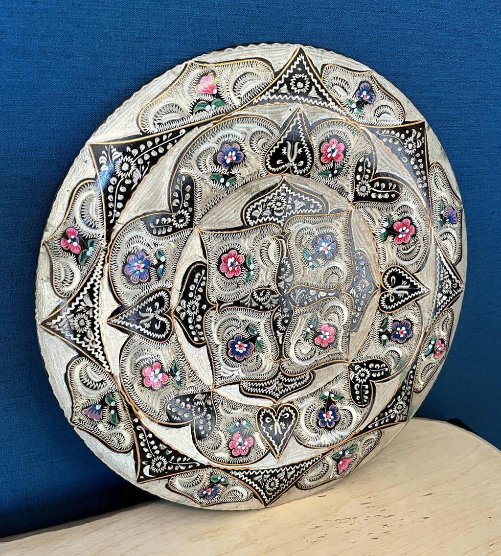 Vintage Indian Brass Wall Plate Enamel Floral Mandala Charger Hanging Plaque