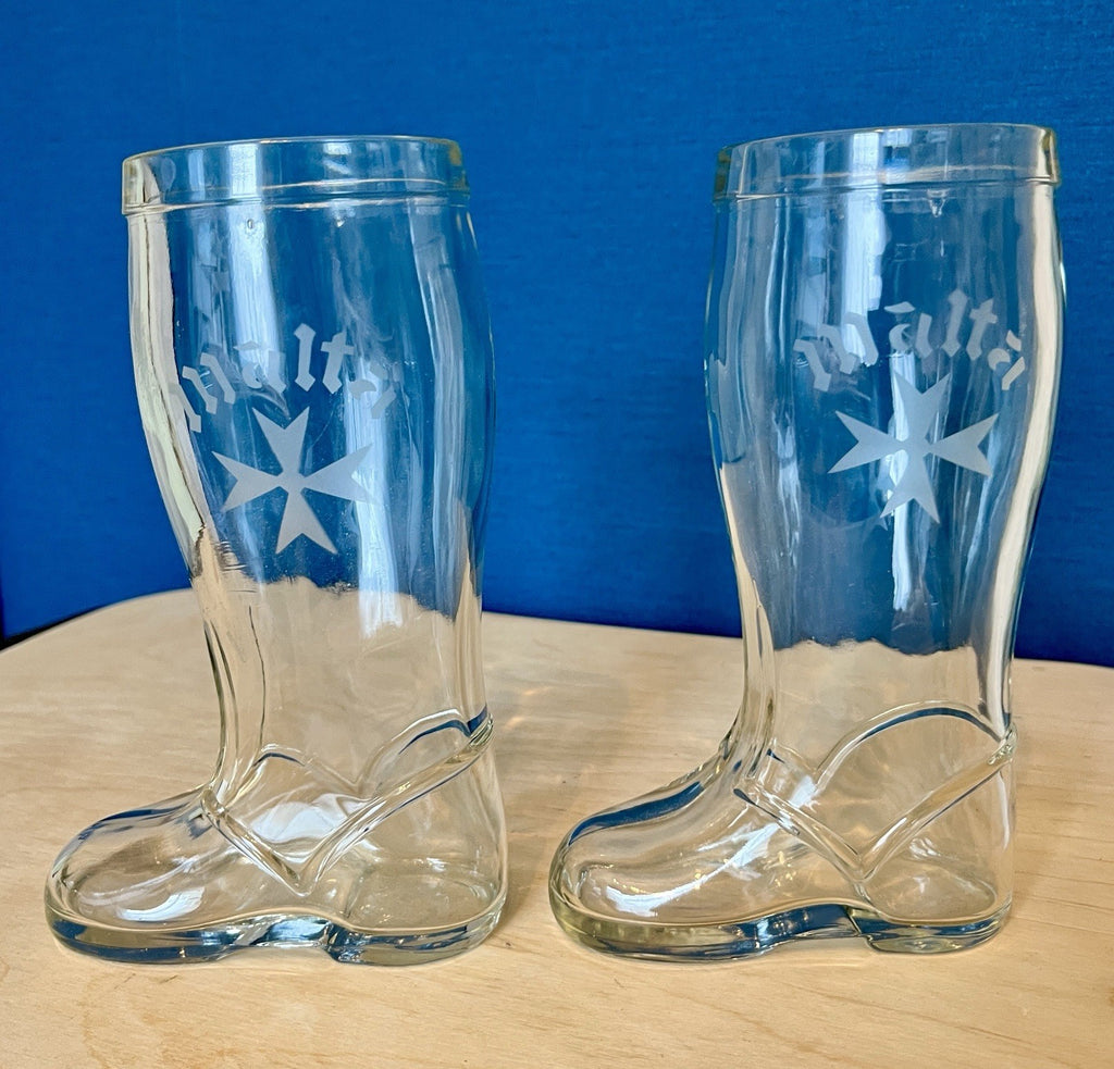 Pair Vintage Glass Beer Boots Malta Etched Drinking Glasses 19.5cm