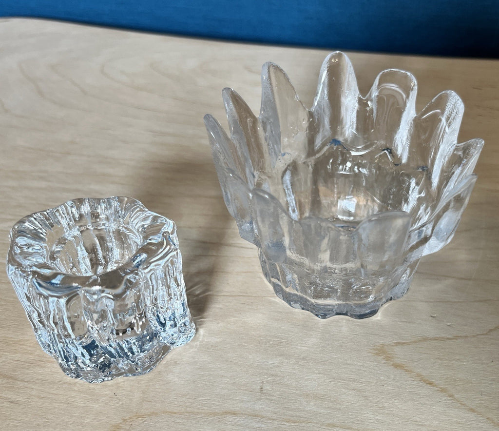 Scandinavian Ice Glass Candle Holders Pair Vintage Textured Glass Votive & Taper