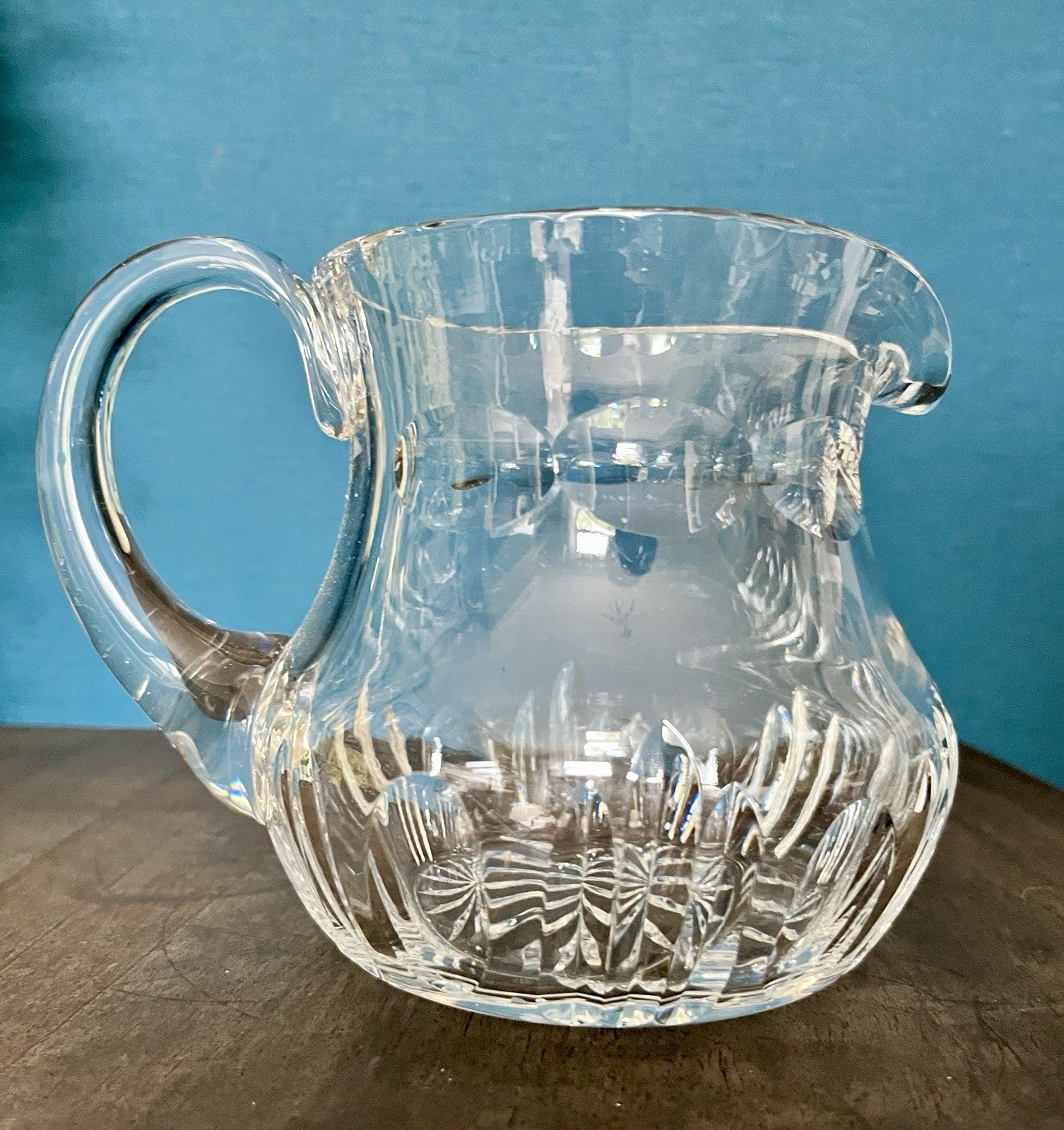 Heavy Cut Crystal Water Jug Pitcher Starburst Base Vintage Lead Crystal 19cm