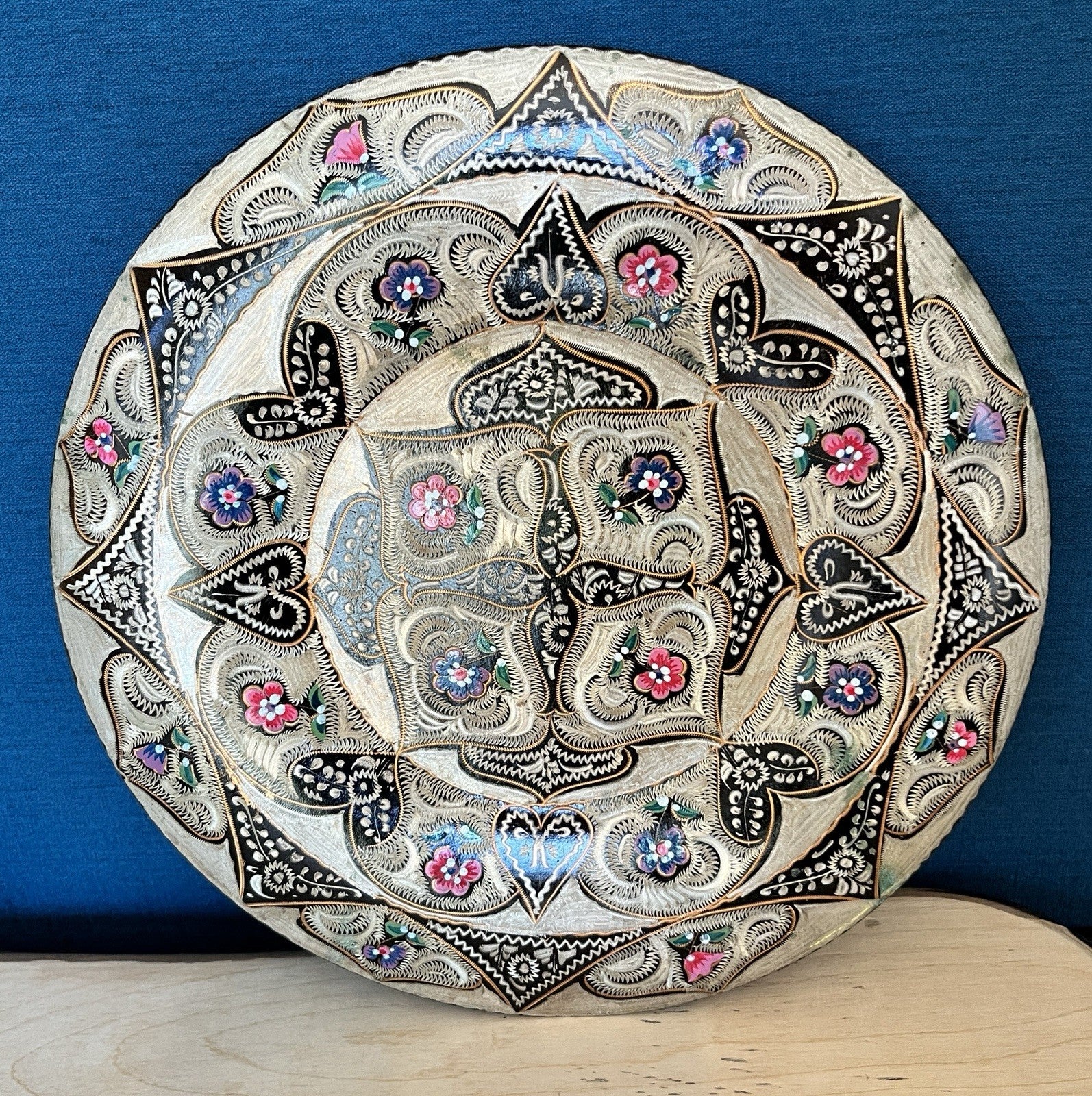 Vintage Indian Brass Wall Plate Enamel Floral Mandala Charger Hanging Plaque