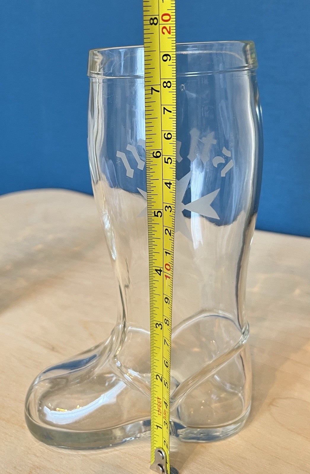 Pair Vintage Glass Beer Boots Malta Etched Drinking Glasses 19.5cm