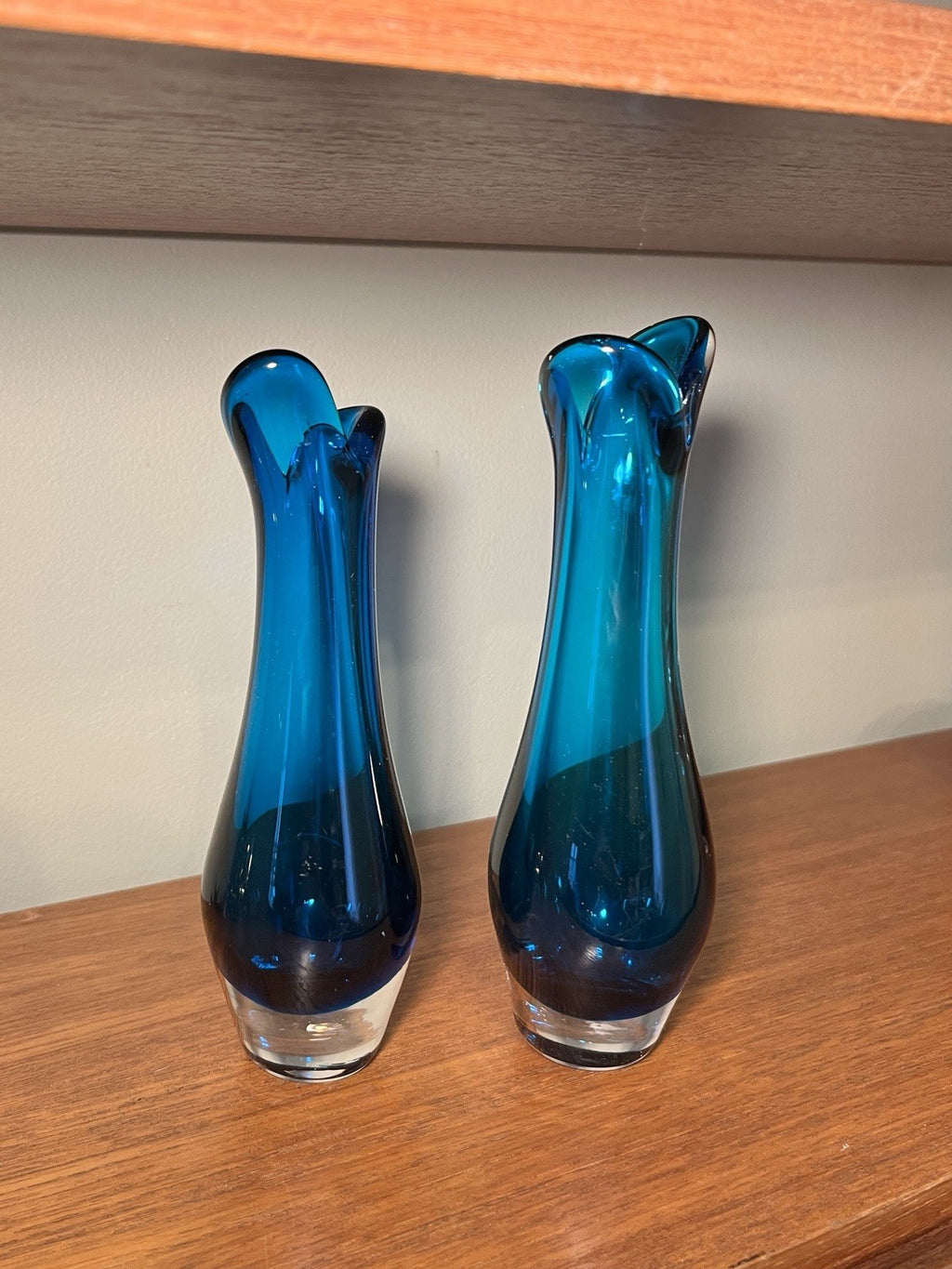 Whitefriars  Beak Vases Pair in Kingfisher Blue Mid Century Art Glass