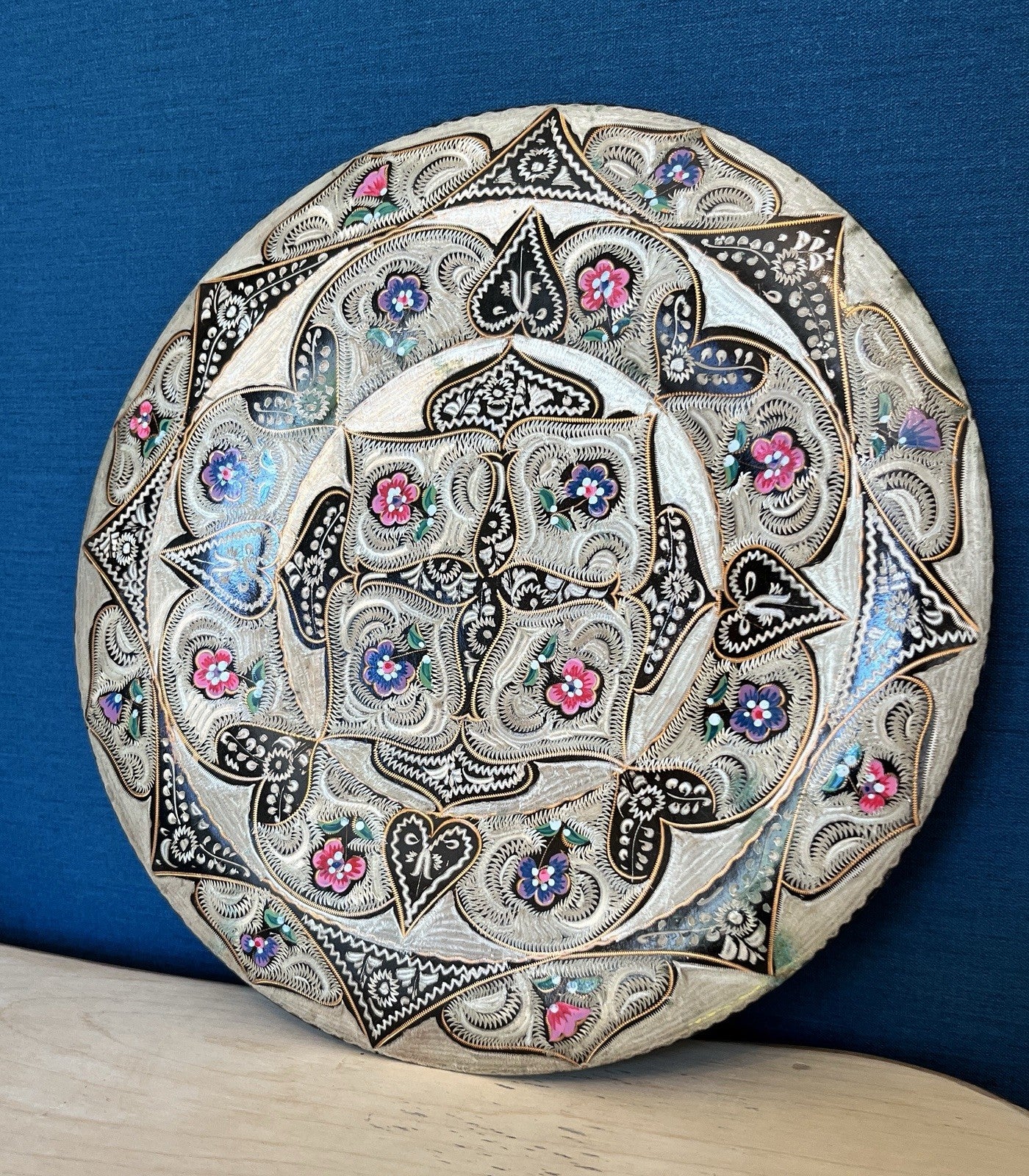 Vintage Indian Brass Wall Plate Enamel Floral Mandala Charger Hanging Plaque