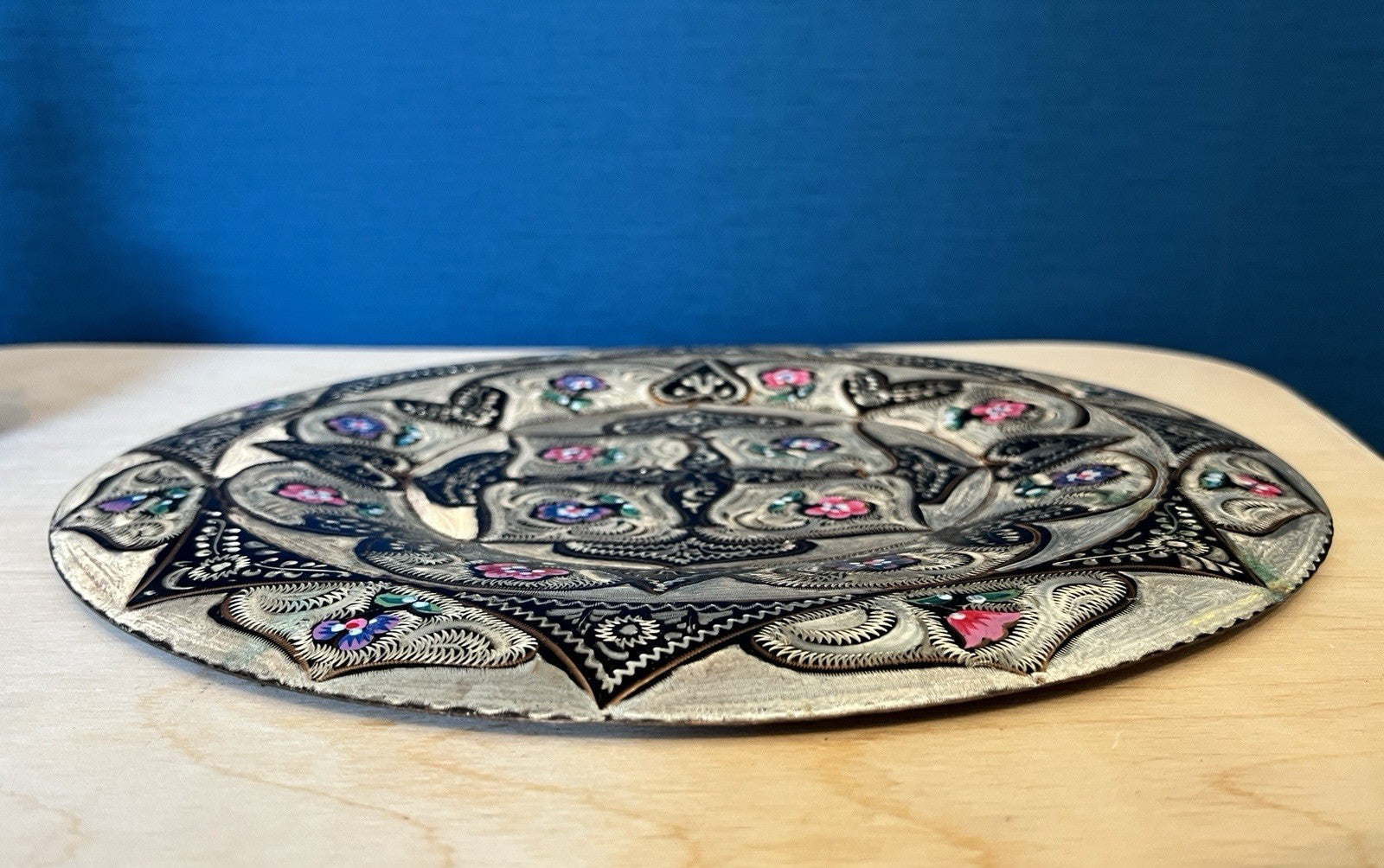 Vintage Indian Brass Wall Plate Enamel Floral Mandala Charger Hanging Plaque