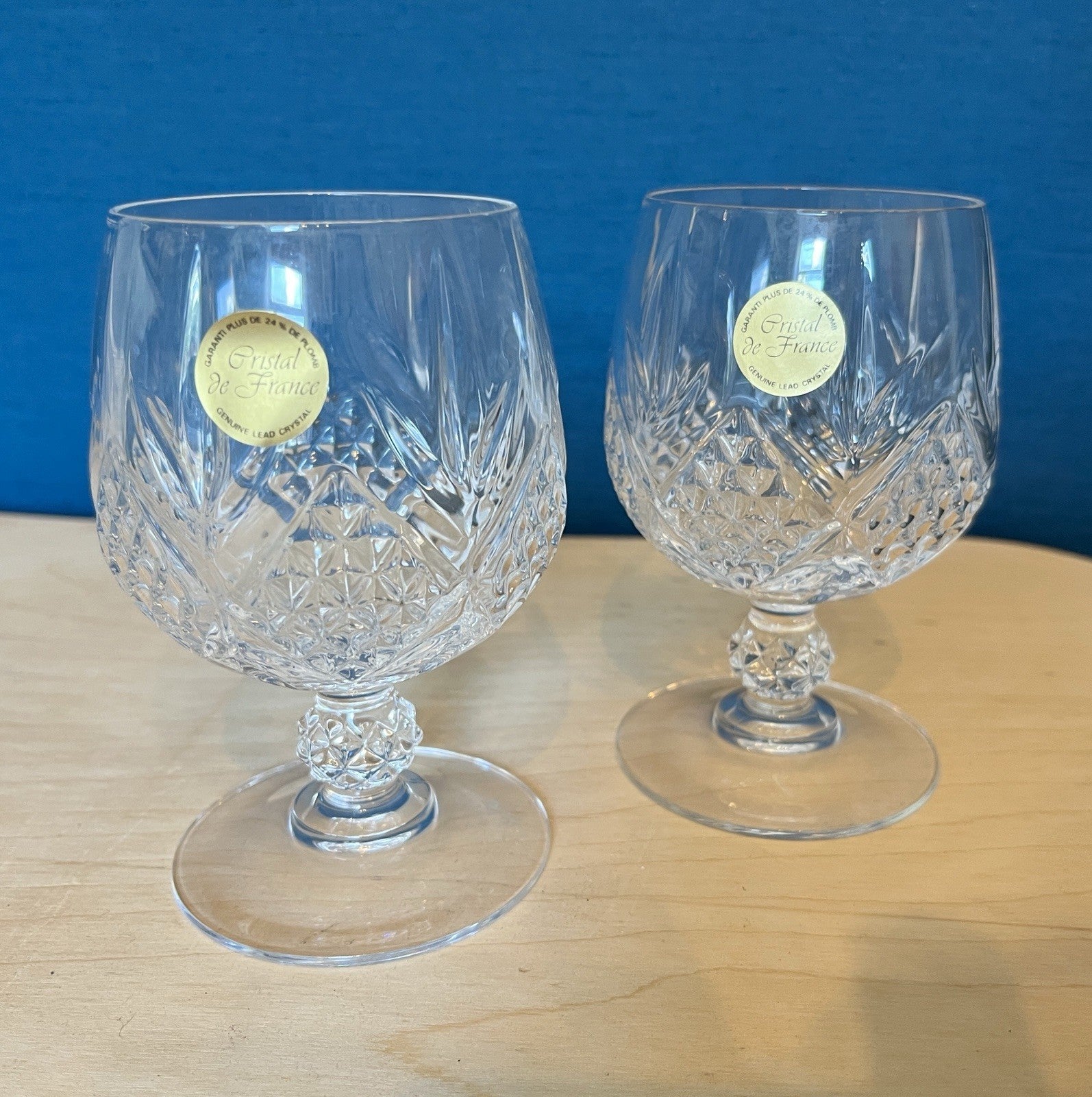 Pair Provence Cristal De France Lead Crystal Brandy Glasses Boxed Unused