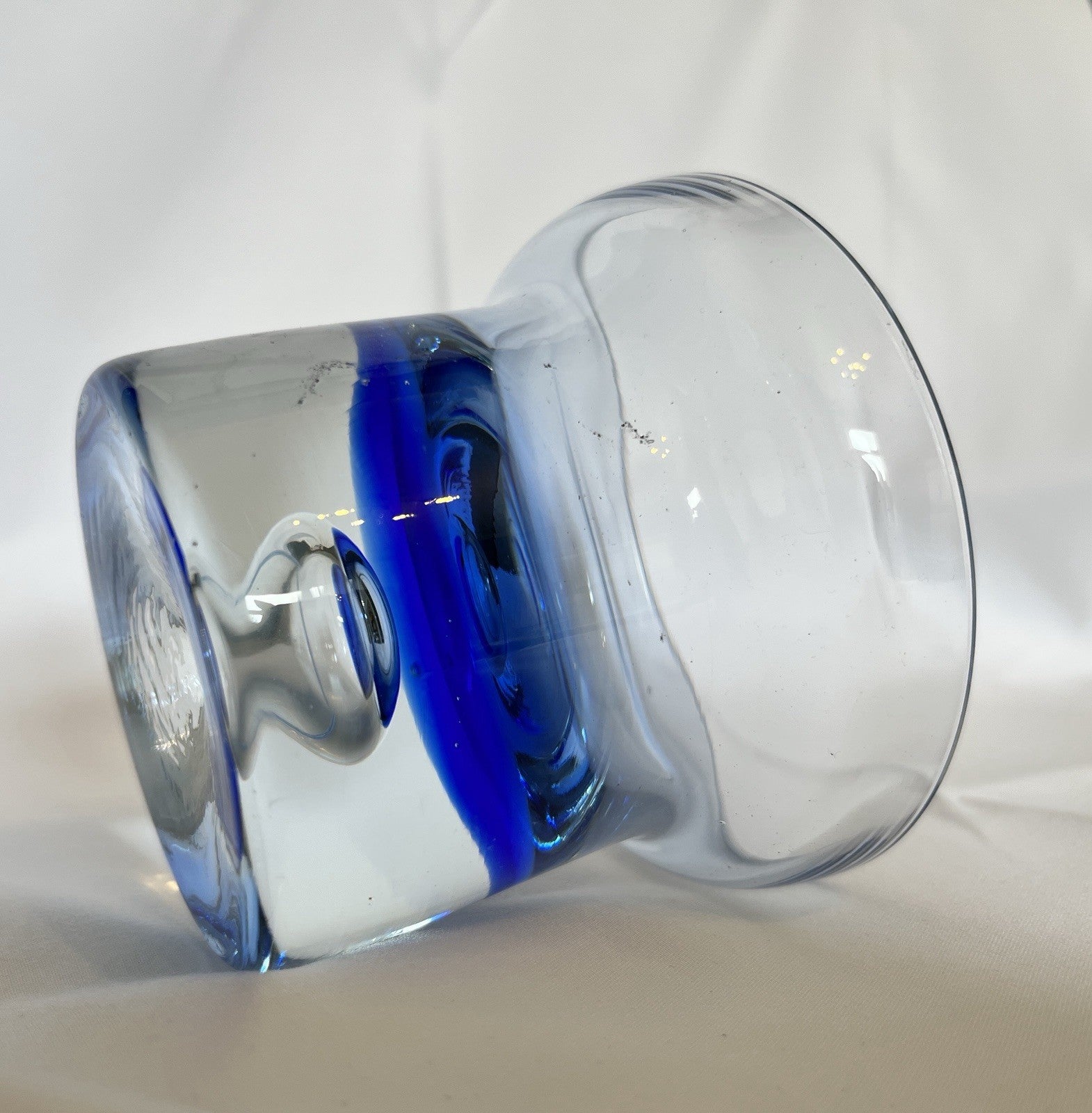 Vintage Krosno Crystal Candle Holder Cobalt Blue Clear Glass Trapped Bubble 10cm