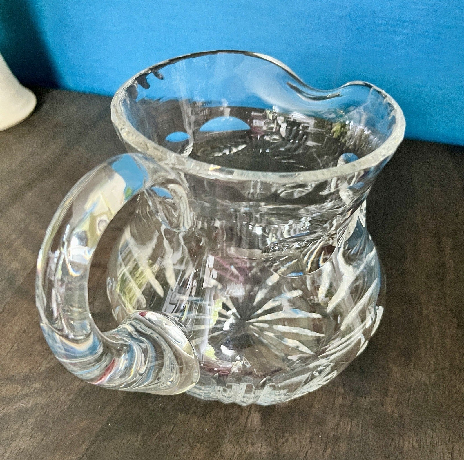 Heavy Cut Crystal Water Jug Pitcher Starburst Base Vintage Lead Crystal 19cm