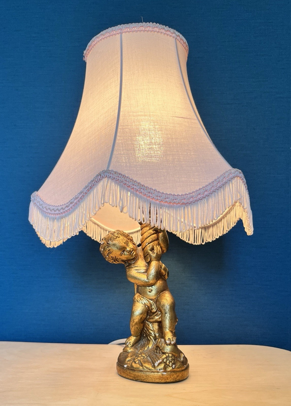 Vintage Cherub Table Lamp Base Putti Figure Gilt Resin Lamp Working 25cm