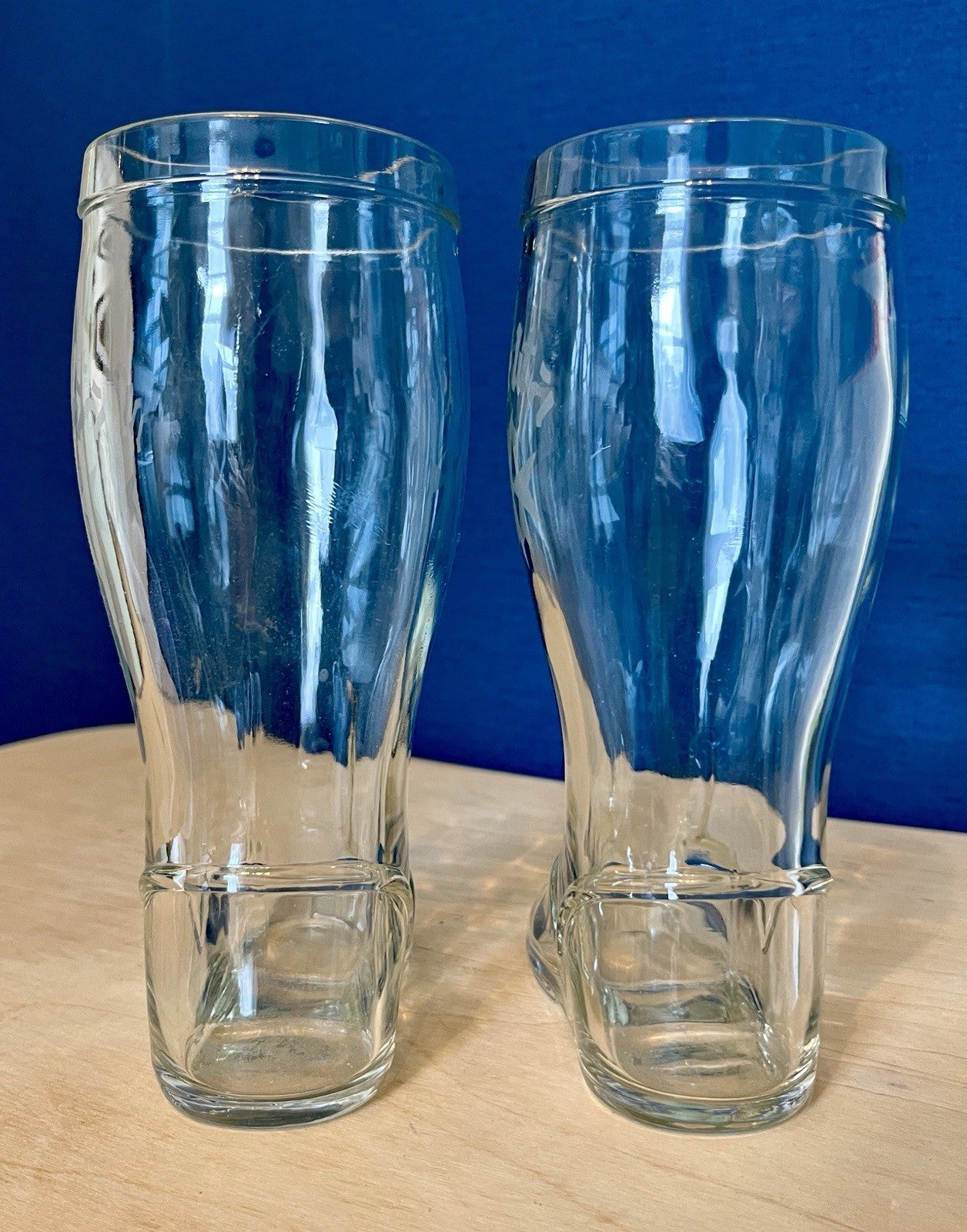 Pair Vintage Glass Beer Boots Malta Etched Drinking Glasses 19.5cm