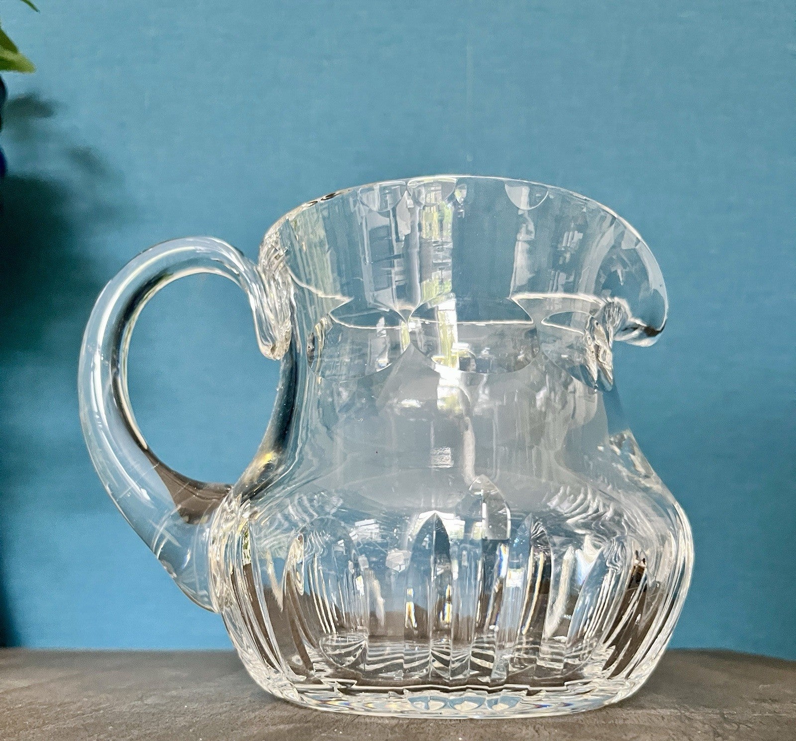 Heavy Cut Crystal Water Jug Pitcher Starburst Base Vintage Lead Crystal 19cm