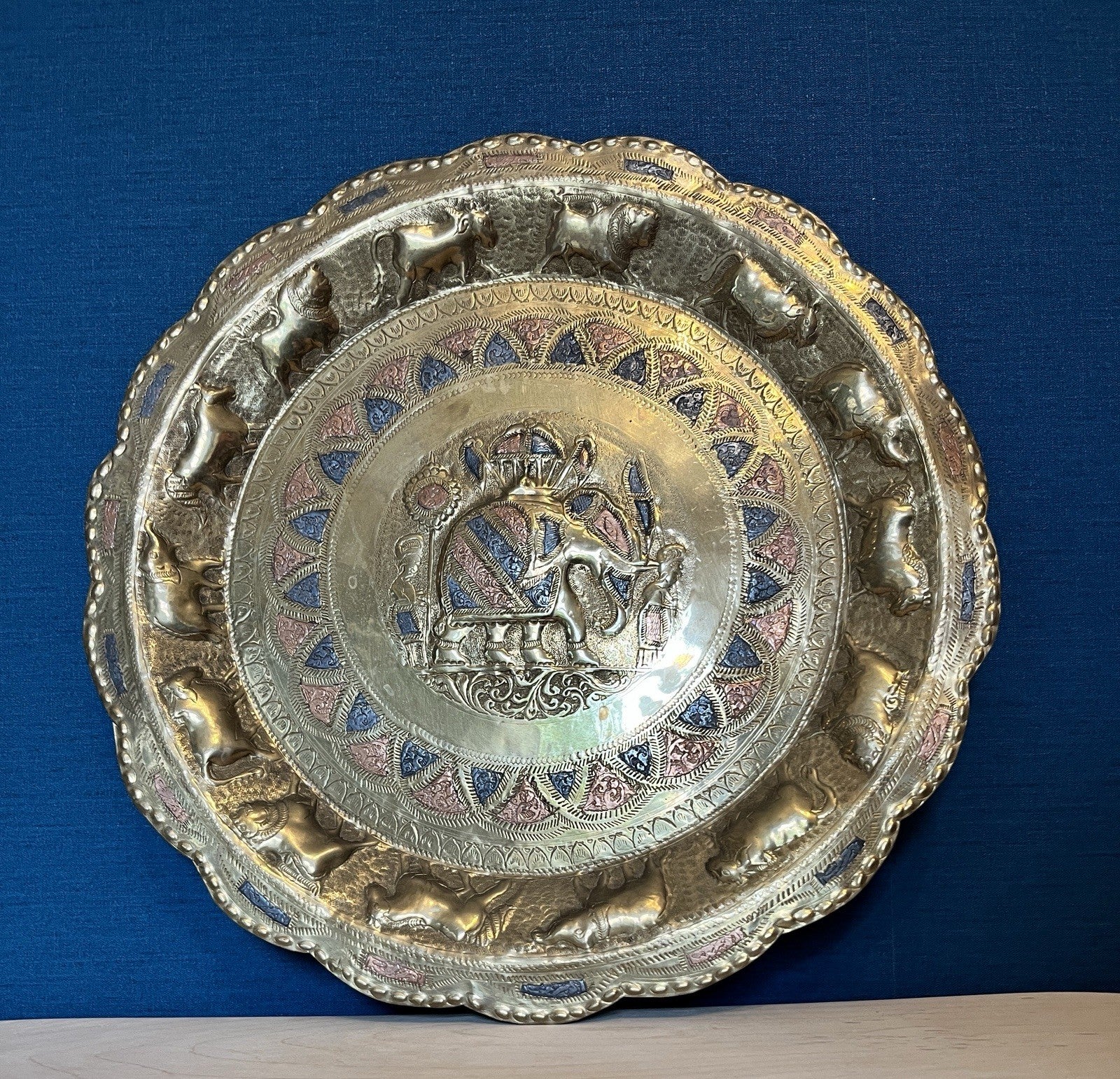 Vintage Indian Brass Wall Plaque Elephant Decorative Hanging Tray 35cm Engraved