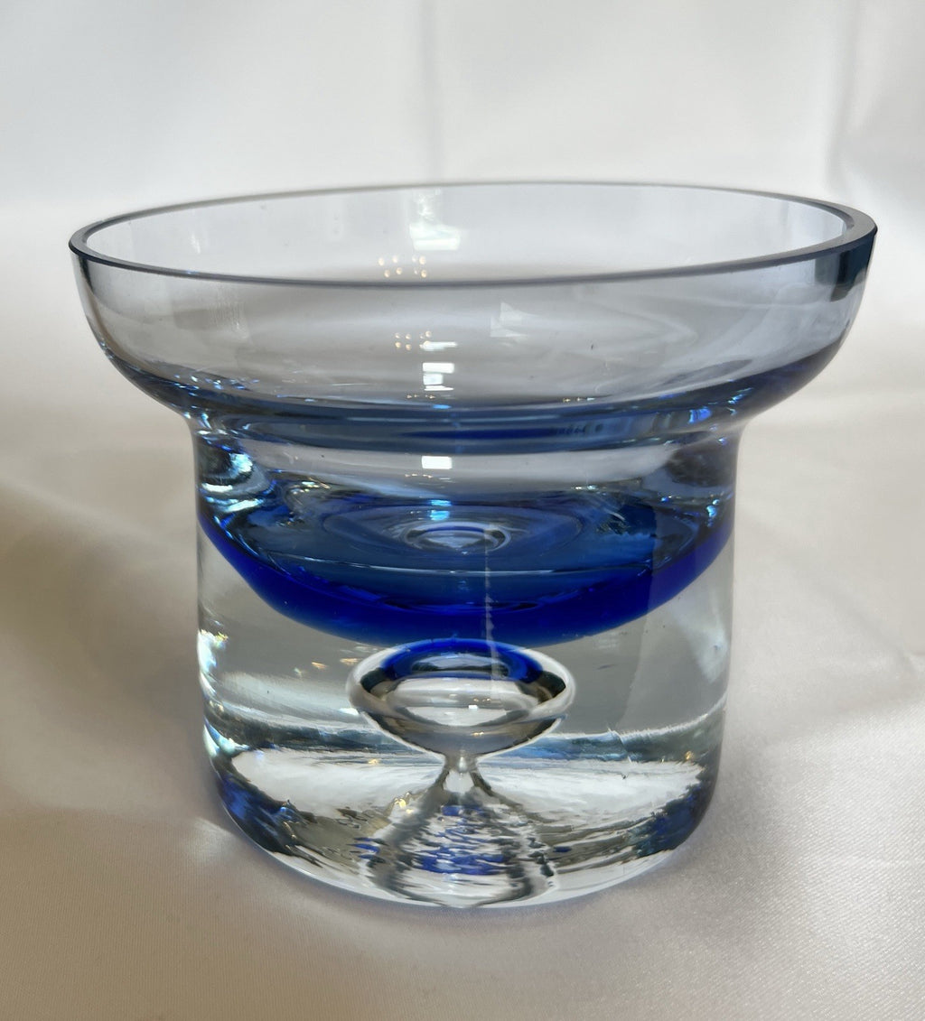 Vintage Krosno Crystal Candle Holder Cobalt Blue Clear Glass Trapped Bubble 10cm