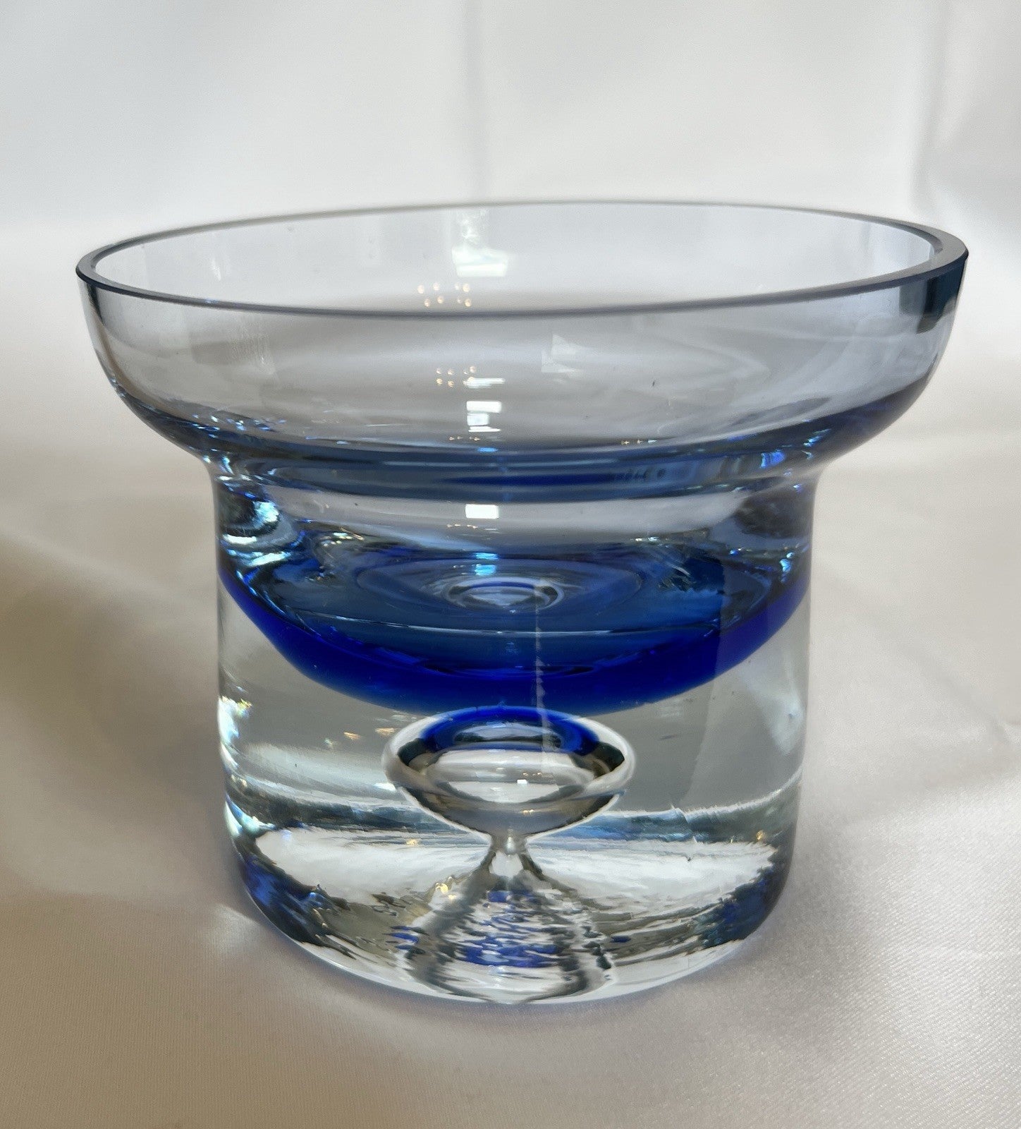Vintage Krosno Crystal Candle Holder Cobalt Blue Clear Glass Trapped Bubble 10cm