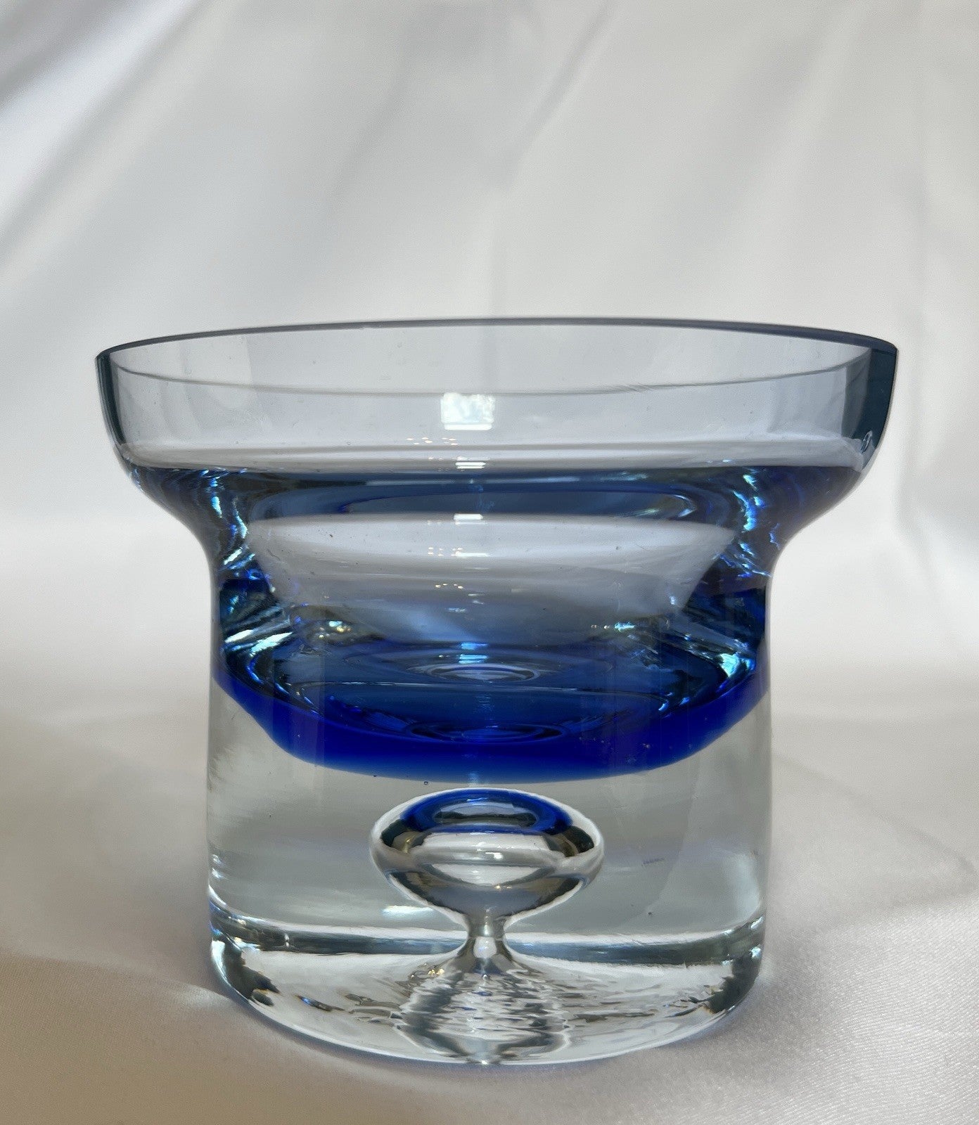 Vintage Krosno Crystal Candle Holder Cobalt Blue Clear Glass Trapped Bubble 10cm