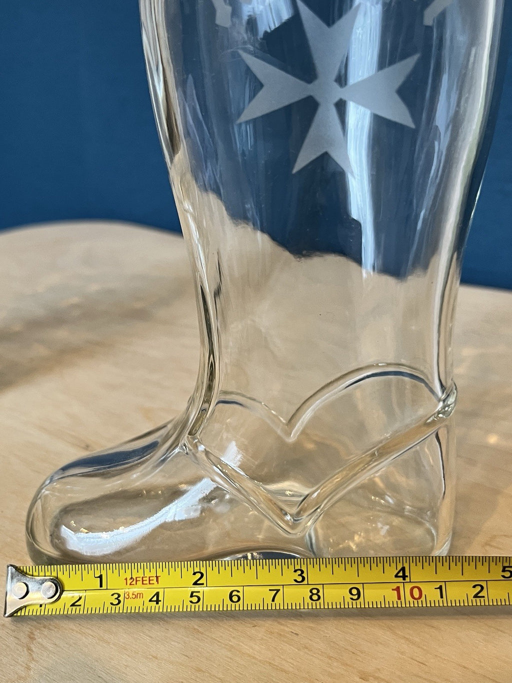 Pair Vintage Glass Beer Boots Malta Etched Drinking Glasses 19.5cm