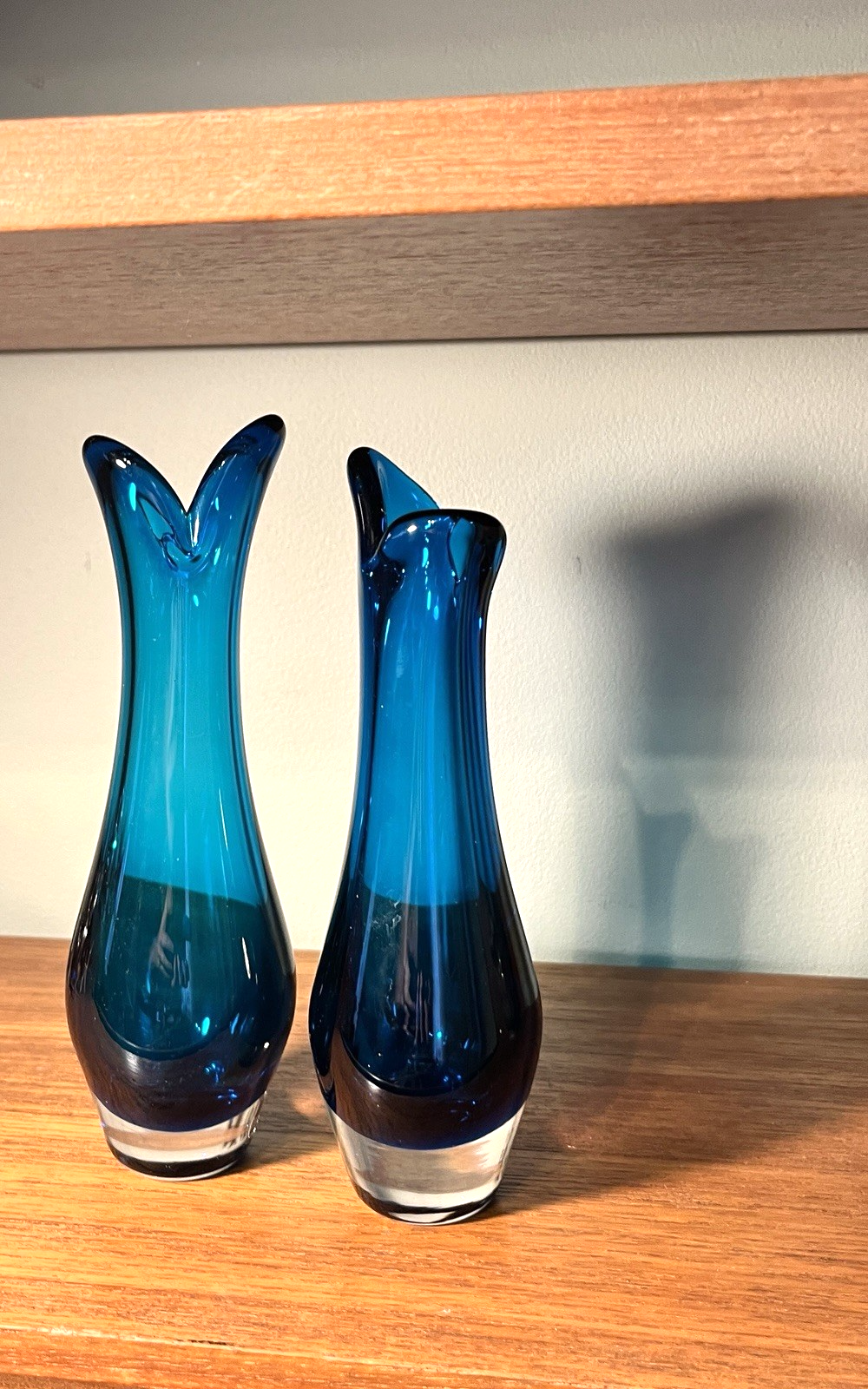 Whitefriars  Beak Vases Pair in Kingfisher Blue Mid Century Art Glass