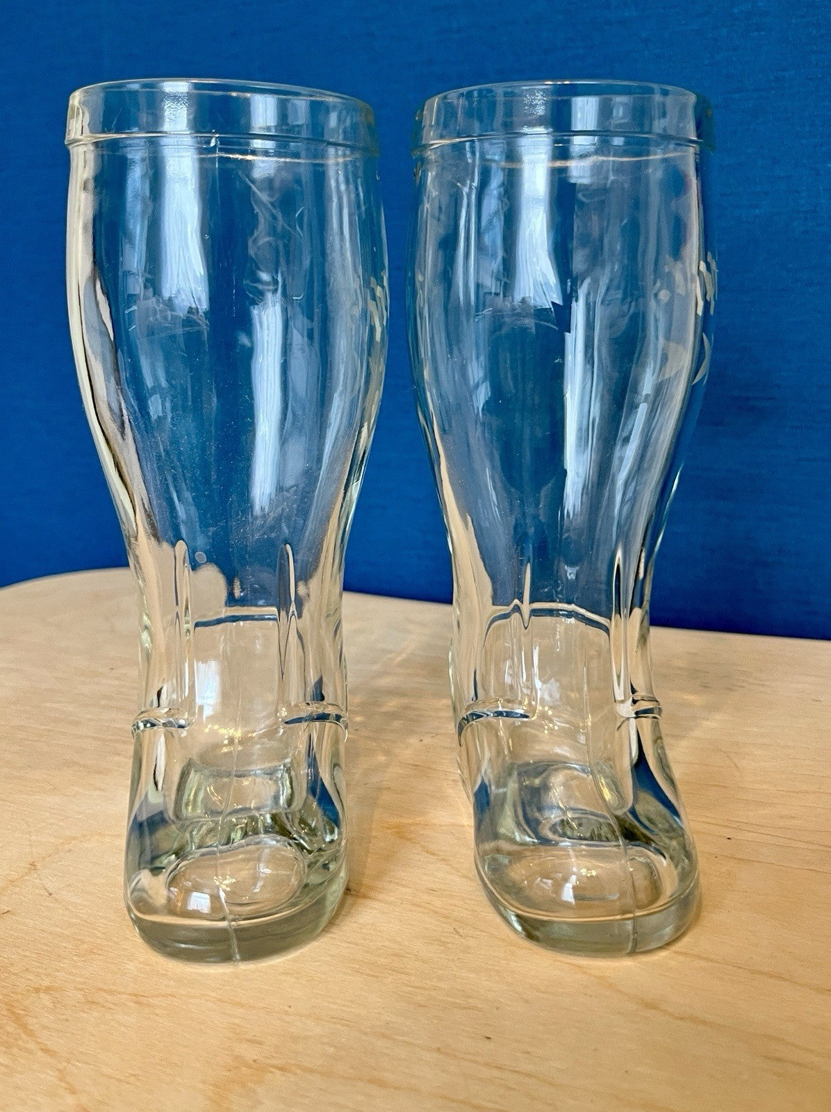 Pair Vintage Glass Beer Boots Malta Etched Drinking Glasses 19.5cm