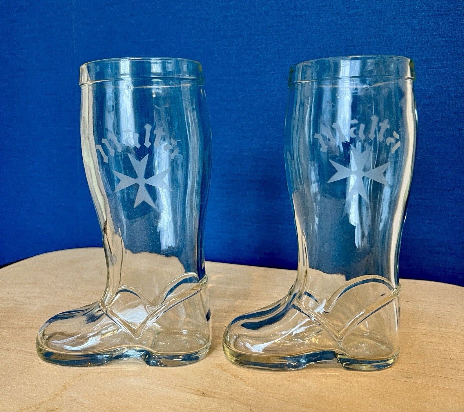 Pair Vintage Glass Beer Boots Malta Etched Drinking Glasses 19.5cm