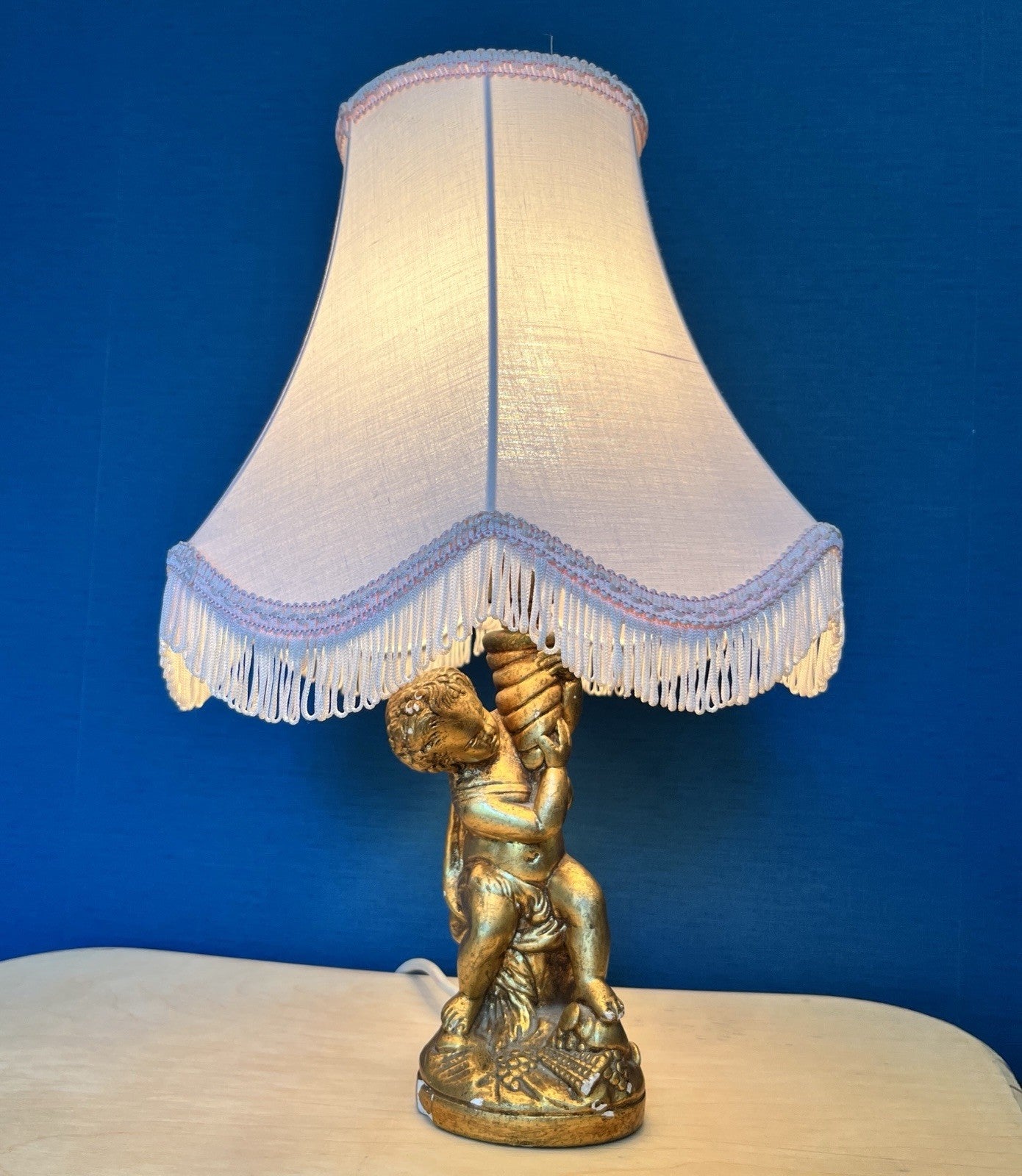 Vintage Cherub Table Lamp Base Putti Figure Gilt Resin Lamp Working 25cm