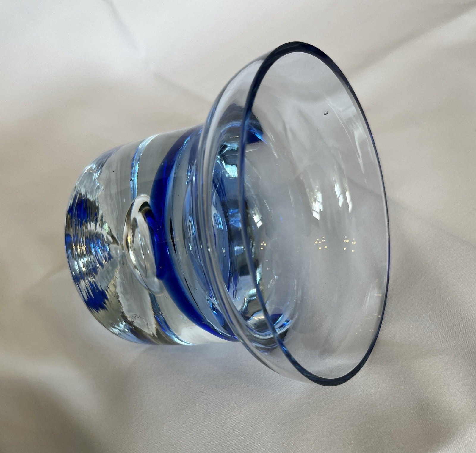 Vintage Krosno Crystal Candle Holder Cobalt Blue Clear Glass Trapped Bubble 10cm