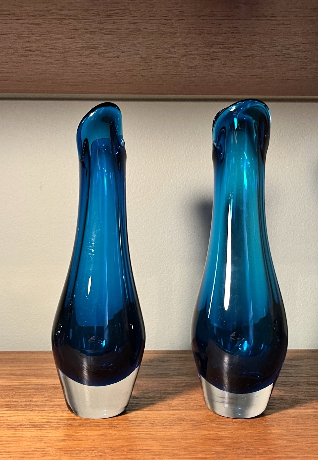 Whitefriars  Beak Vases Pair in Kingfisher Blue Mid Century Art Glass