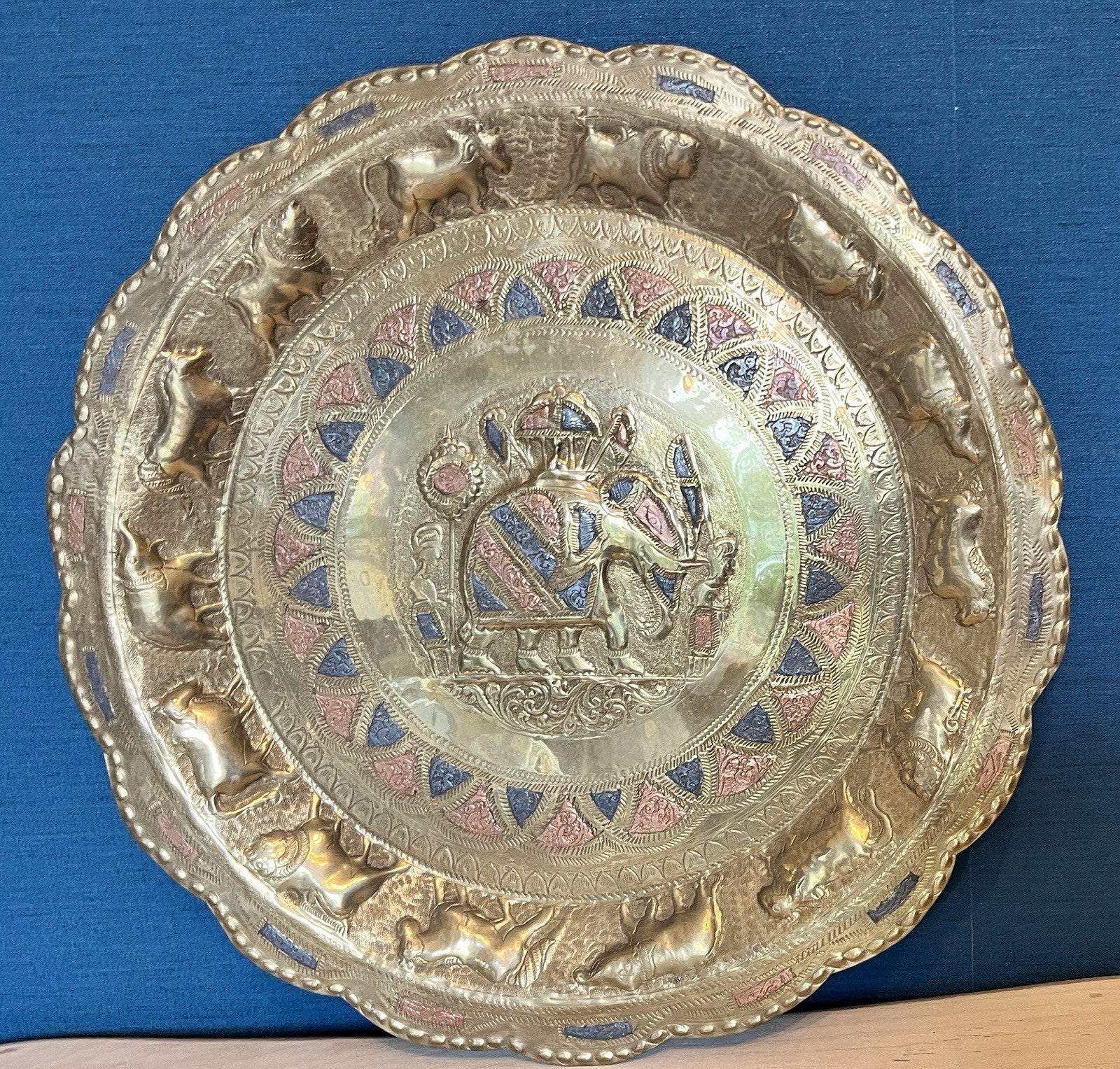 Vintage Indian Brass Wall Plaque Elephant Decorative Hanging Tray 35cm Engraved