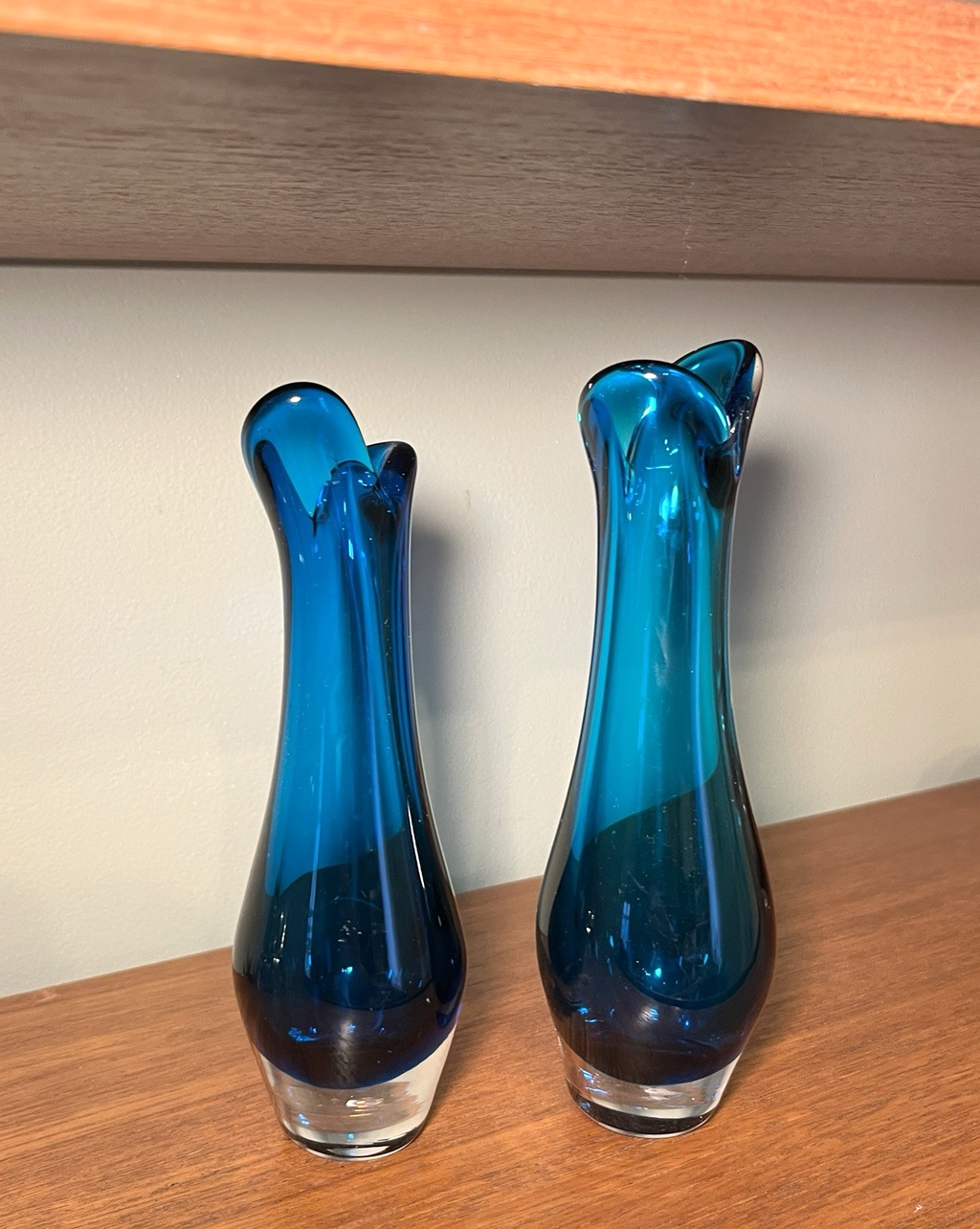 Whitefriars  Beak Vases Pair in Kingfisher Blue Mid Century Art Glass