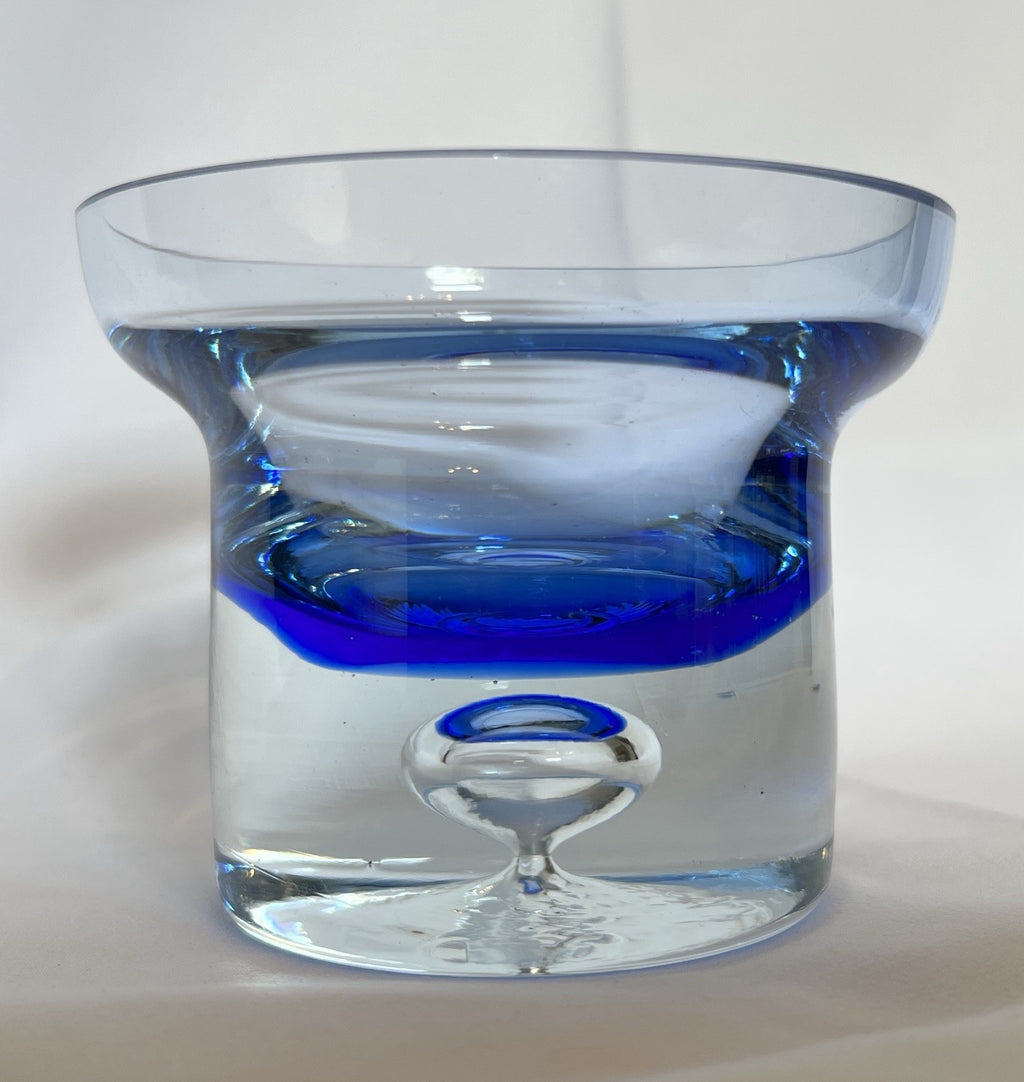 Vintage Krosno Crystal Candle Holder Cobalt Blue Clear Glass Trapped Bubble 10cm