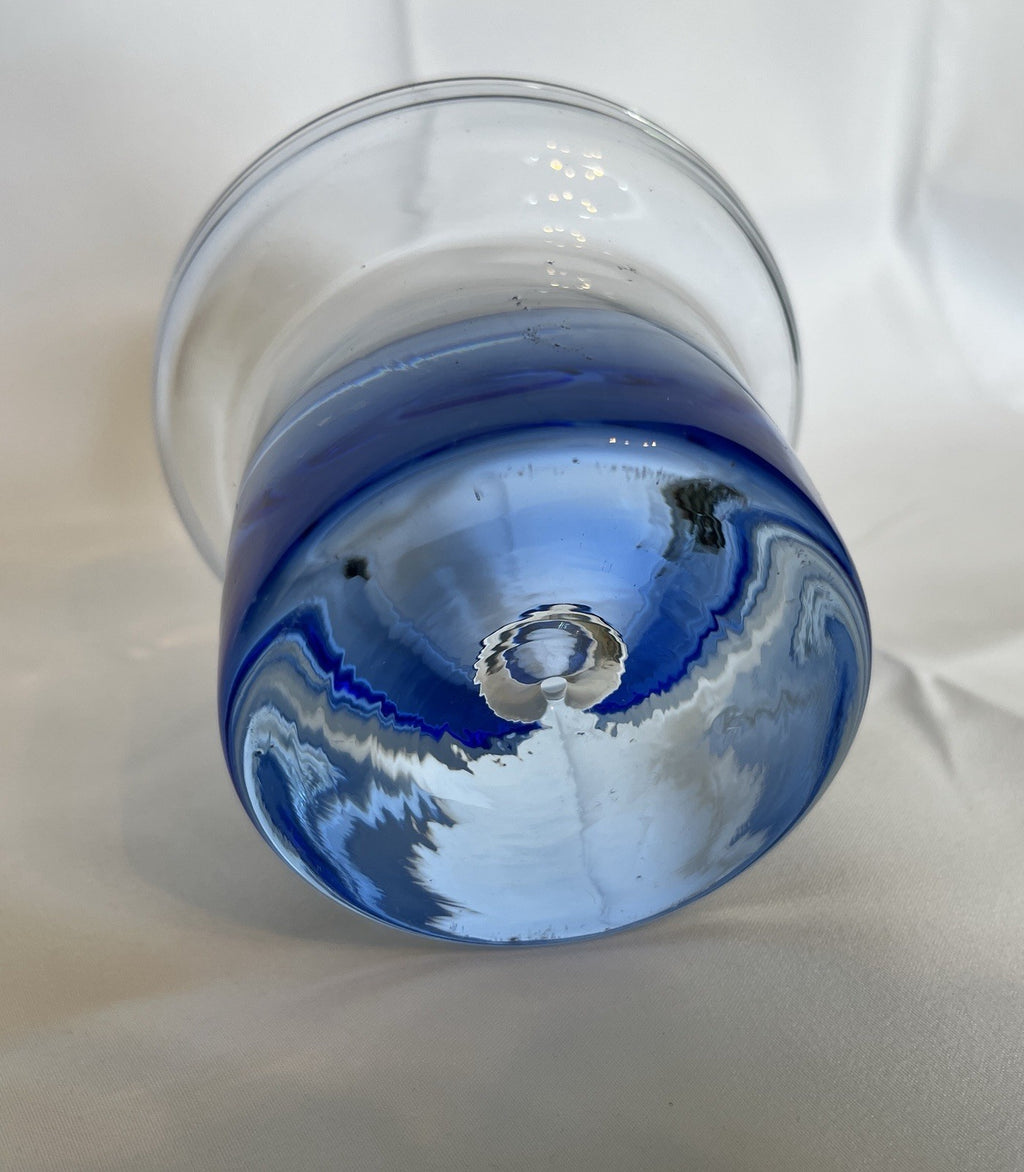 Vintage Krosno Crystal Candle Holder Cobalt Blue Clear Glass Trapped Bubble 10cm