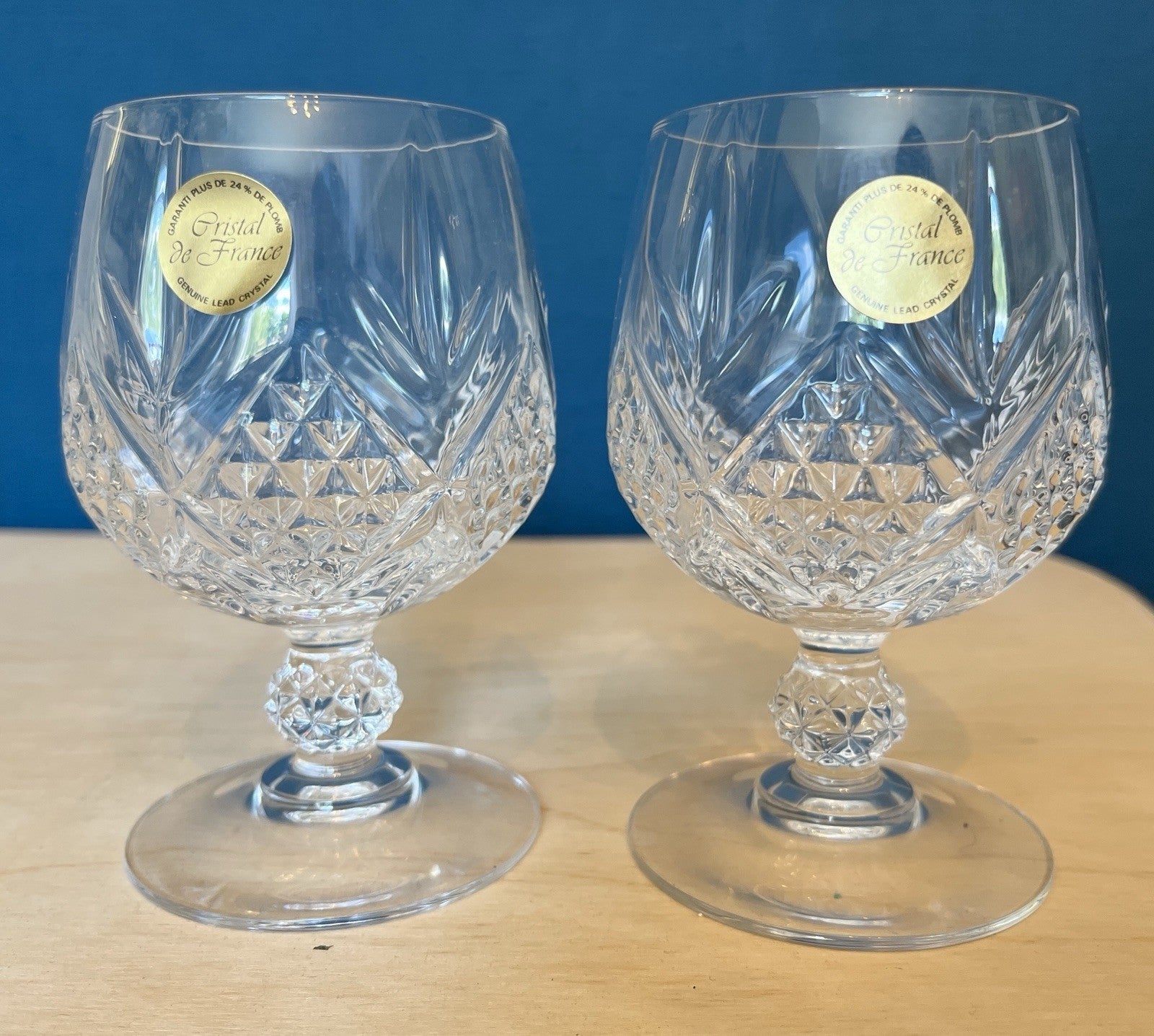 Pair Provence Cristal De France Lead Crystal Brandy Glasses Boxed Unused