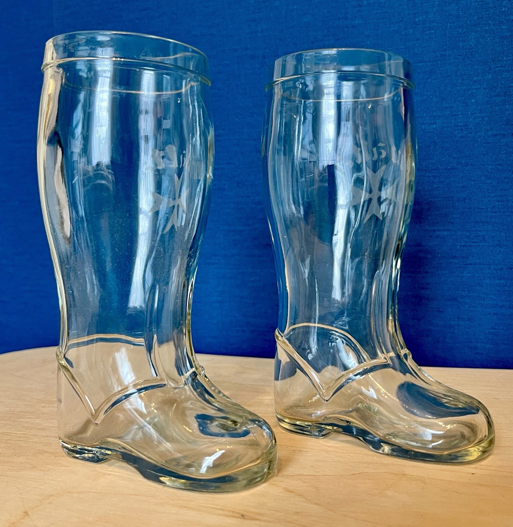 Pair Vintage Glass Beer Boots Malta Etched Drinking Glasses 19.5cm