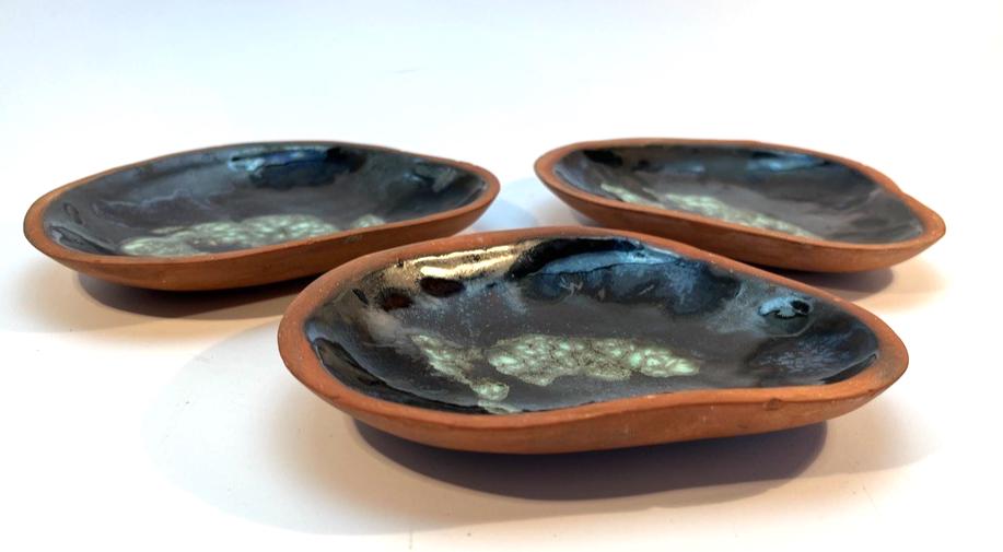 Vintage blue & green glazed terracotta trinket dish trio – handmade set