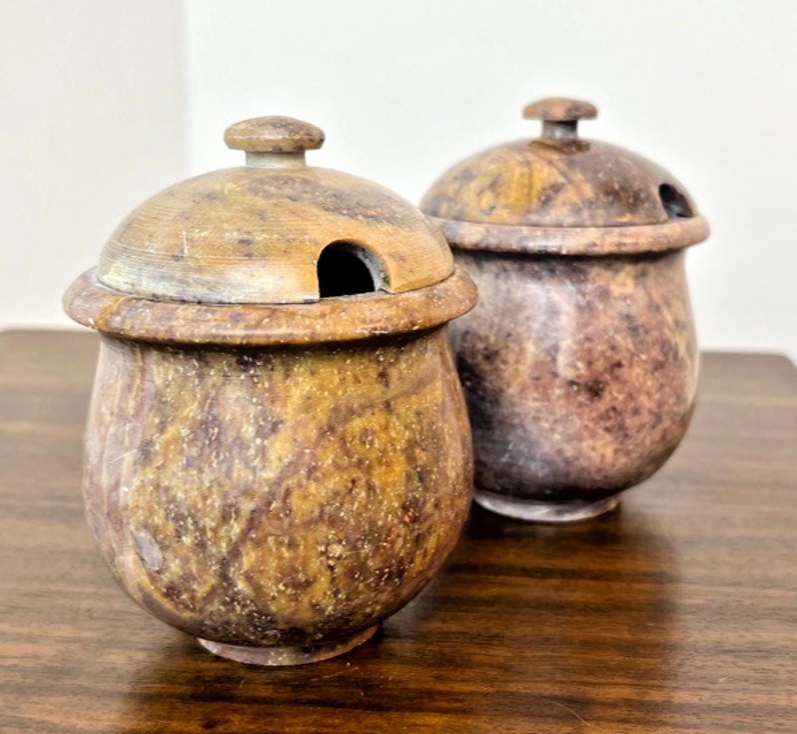 2 Vintage Soapstone Condiment Jars or Sauce Pots with Lids in Red Soapstone