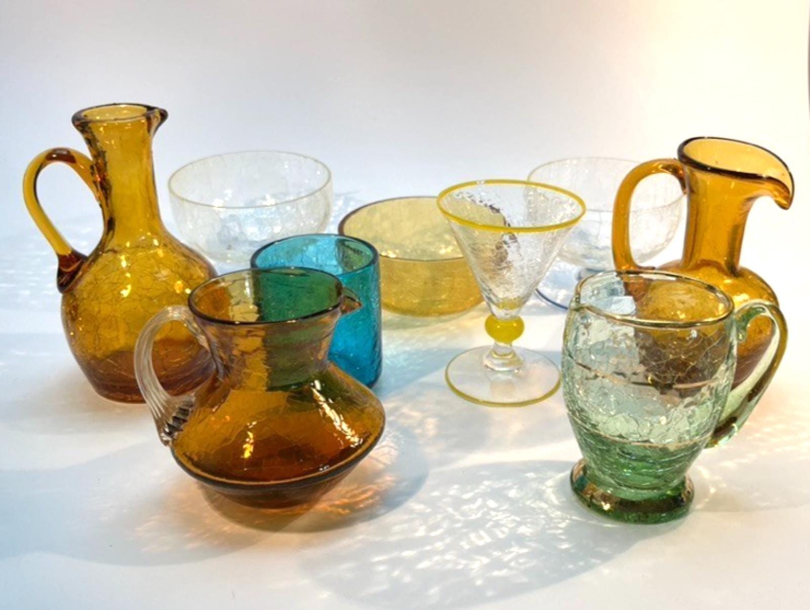 Vintage Crackle Glass Collection: Amber & Blue Jugs, Bowls, Dish (16 Piece Set