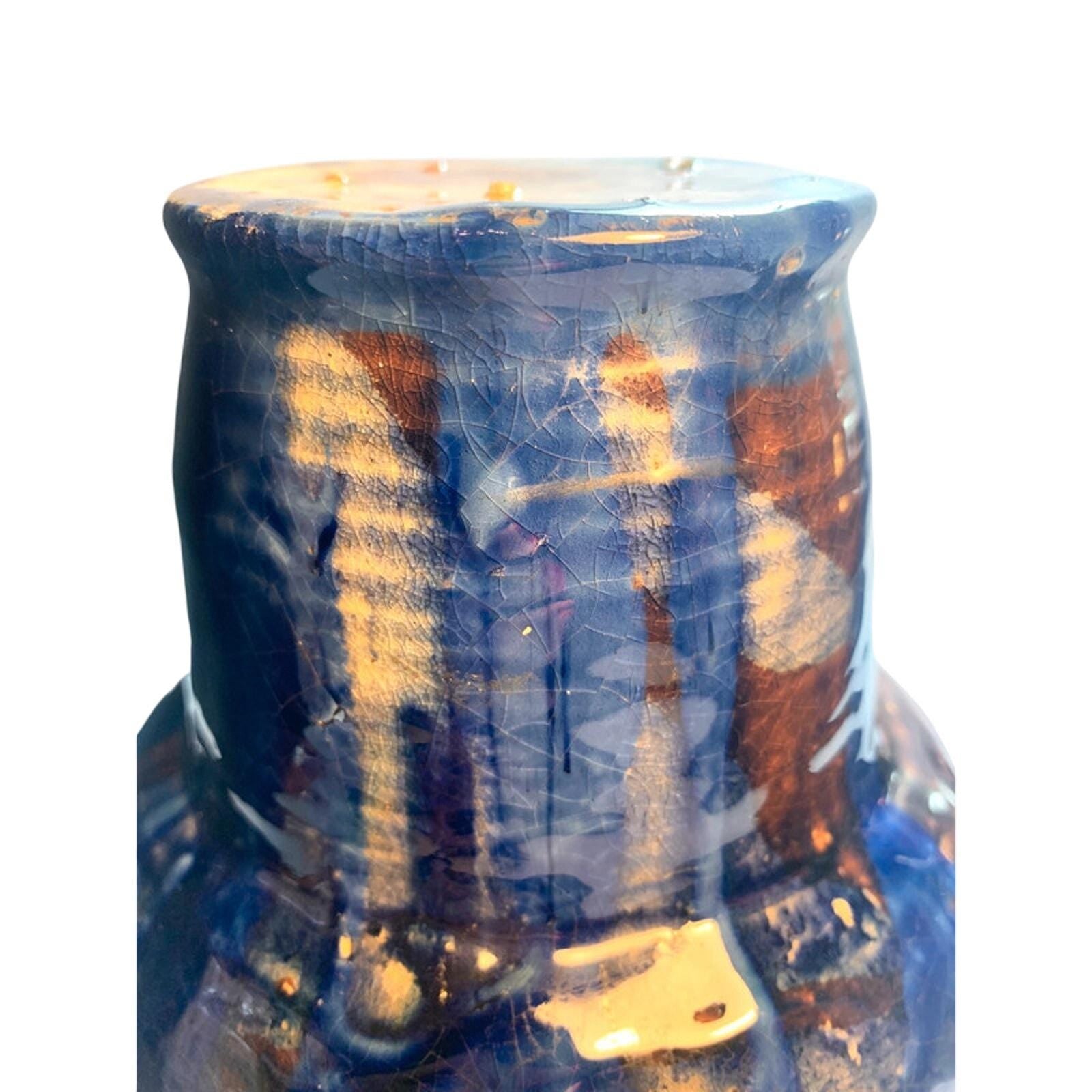 Vintage Handmade Pottery Vase: Blue Drip Glaze, Mid-Century Enamel