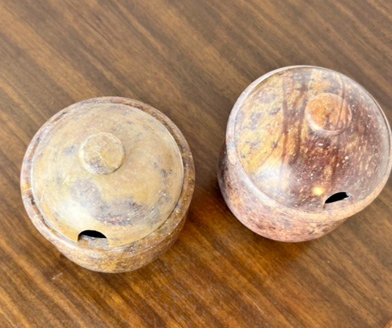 2 Vintage Soapstone Condiment Jars or Sauce Pots with Lids in Red Soapstone