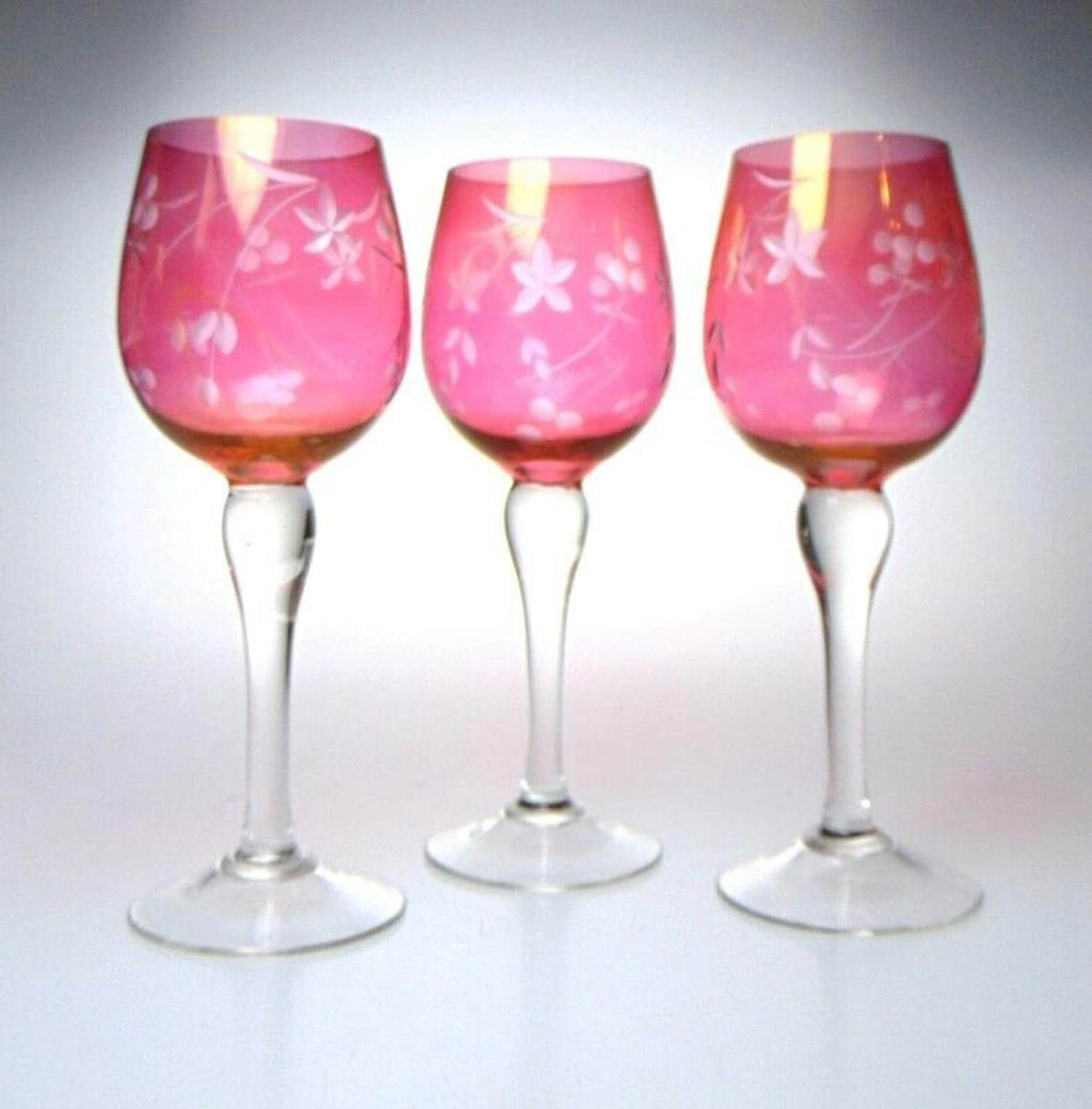 5 Mid Century Crystal Wine Glasses in Cranberry Glass with Etched Floral Detail