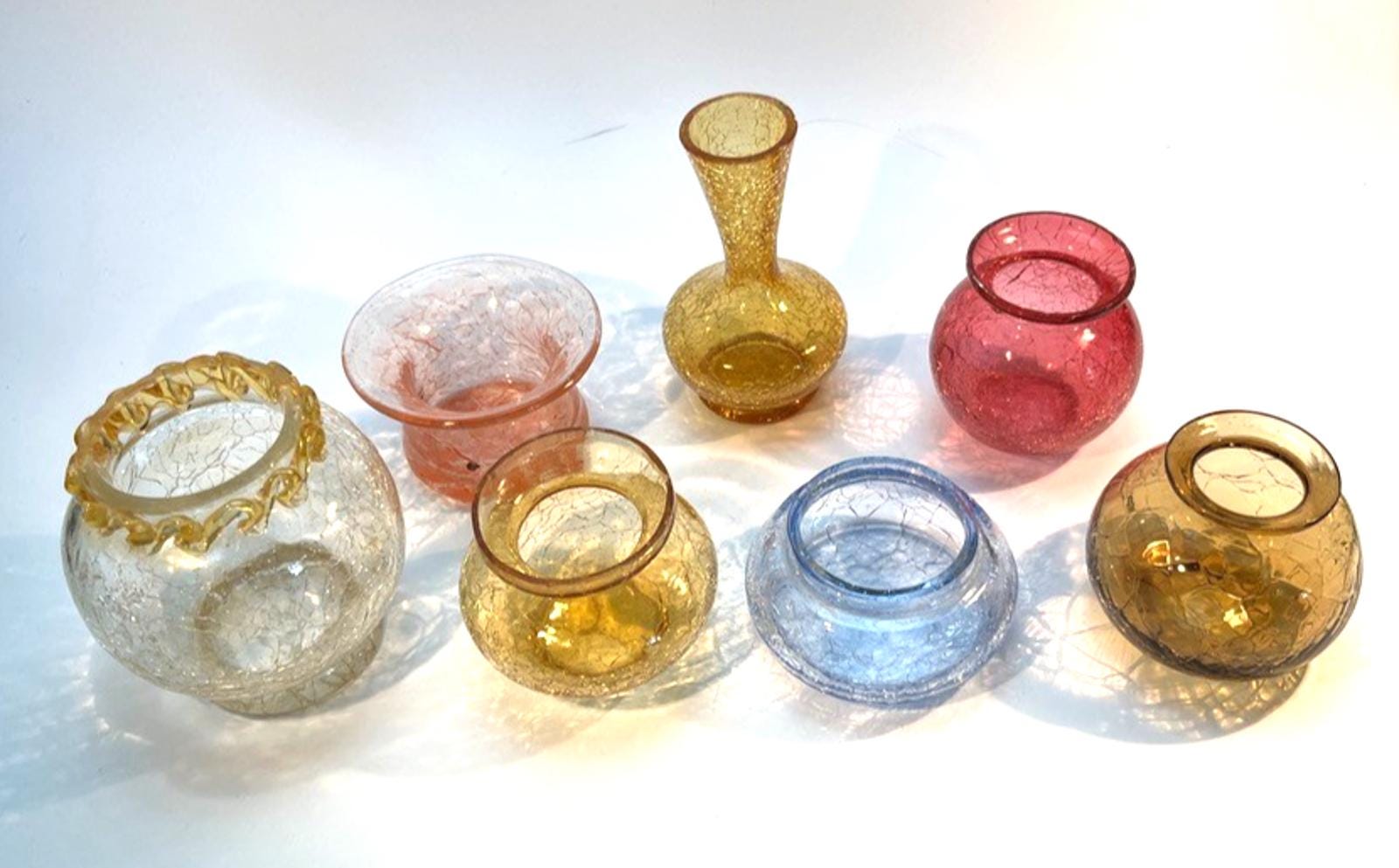 Vintage Crackle Glass Collection: Amber & Blue Jugs, Bowls, Dish (16 Piece Set
