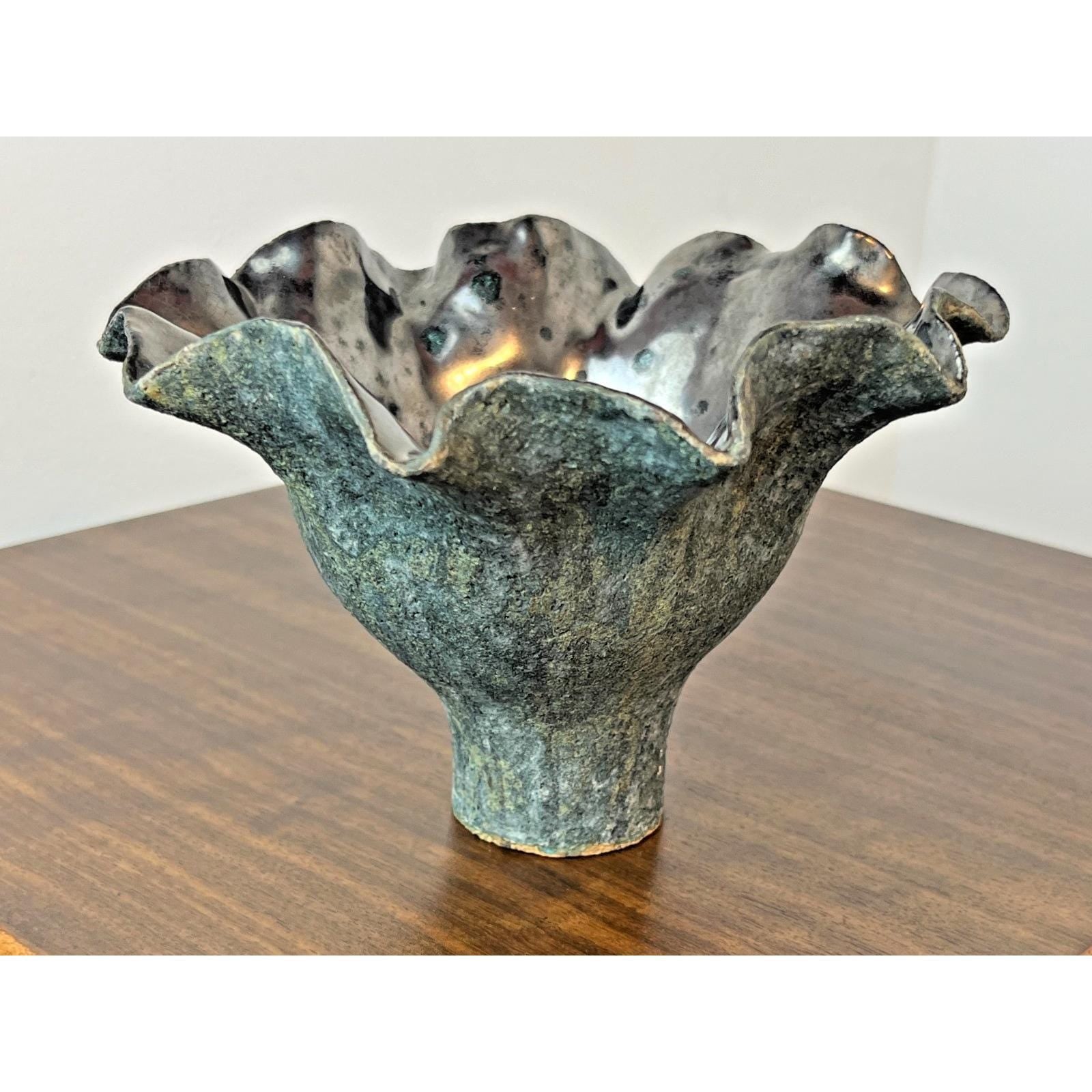 Signed handmade ikebana vase, vintage green handkerchief pottery, art sculpture