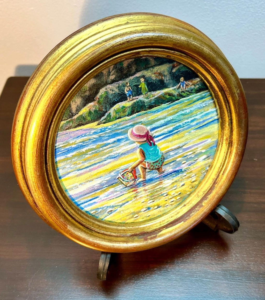 Anne Wallace Original Painting Girl at Beach Gold Frame Signed North East Artist
