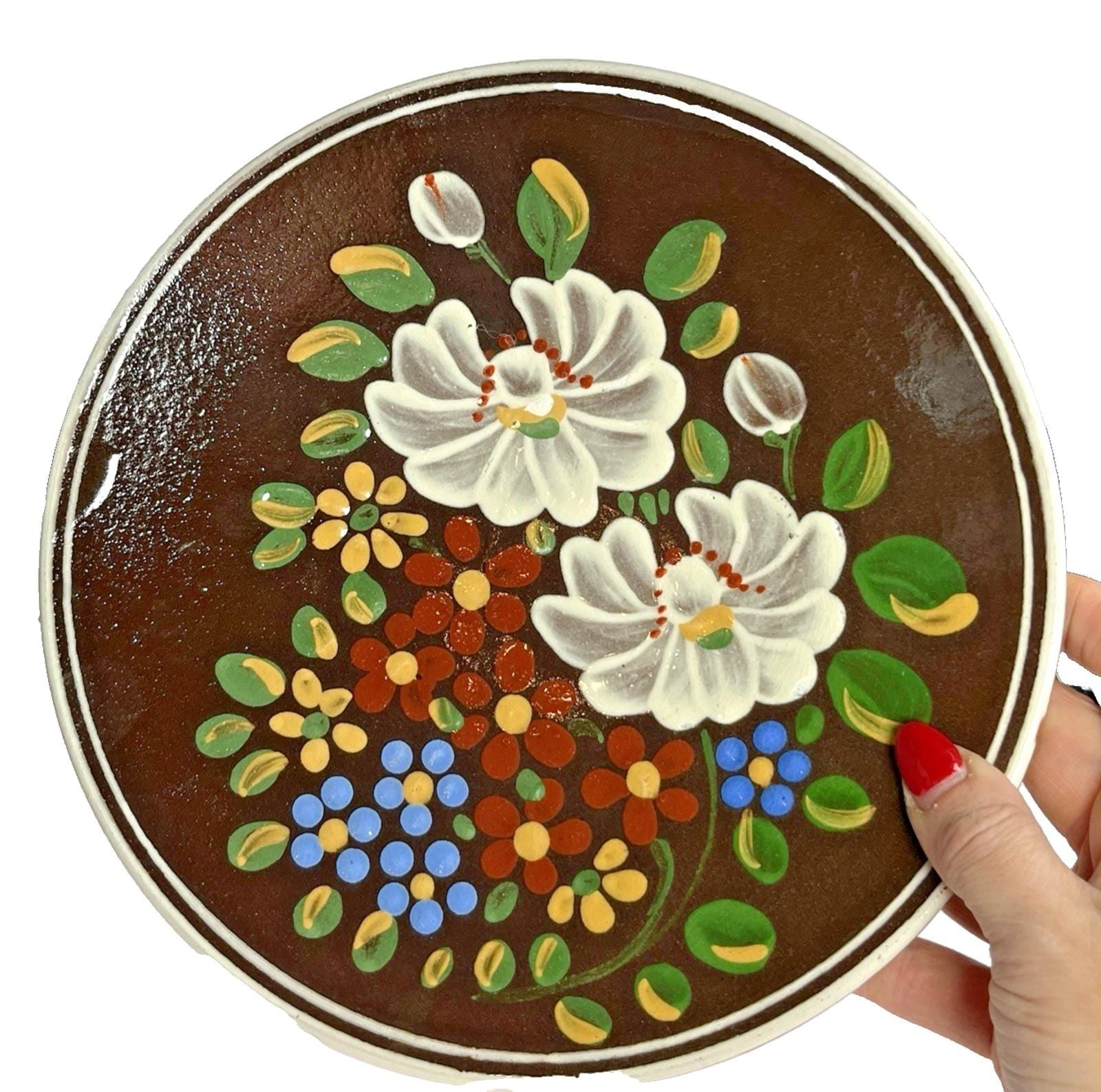 Vintage Decorative Wall Plate, Hand Painted Floral Detail on Pottery