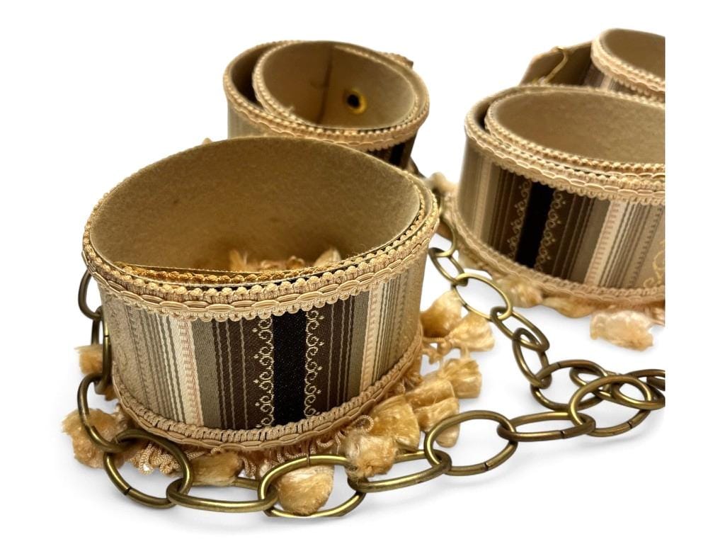 2 Pairs Mid Century Curtain Tie Backs Gold & Brown Fabric with Tassels and Chain
