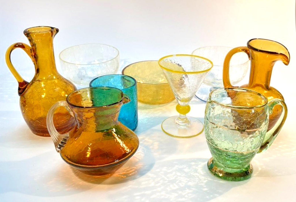 Vintage Crackle Glass Collection: Amber & Blue Jugs, Bowls, Dish (16 Piece Set