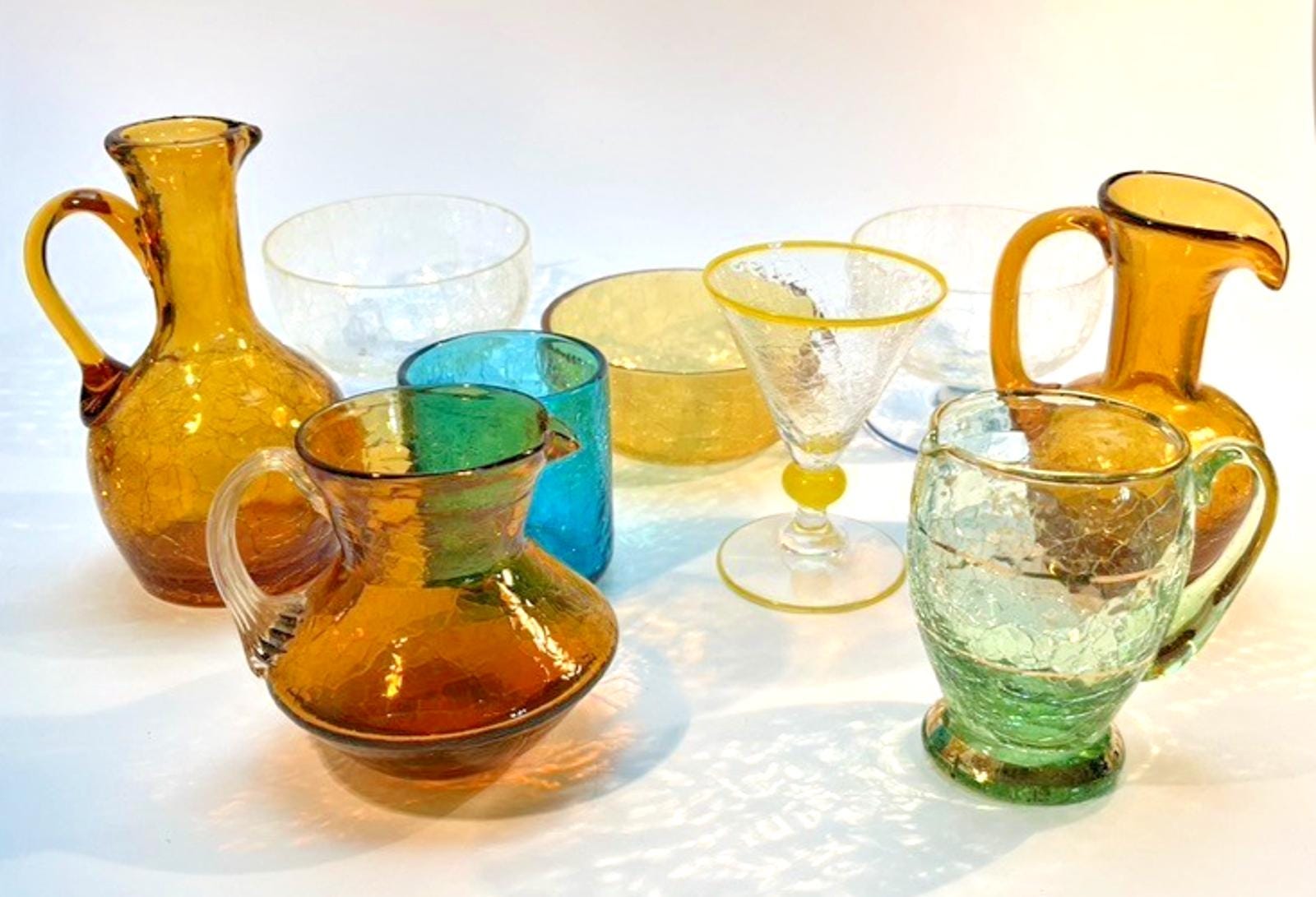 Vintage Crackle Glass Collection: Amber & Blue Jugs, Bowls, Dish (16 Piece Set