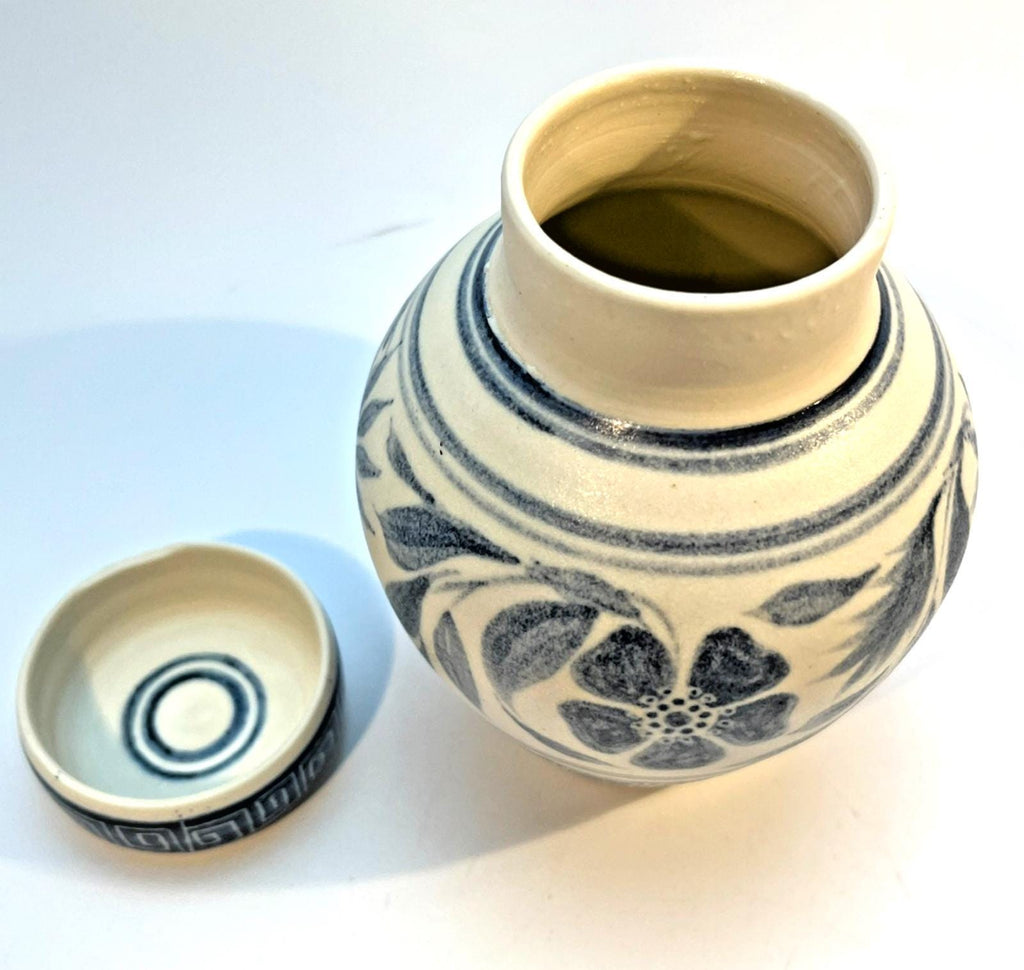 Muriel p wright pottery jar, vintage blue white salt glaze lidded signed 1970s